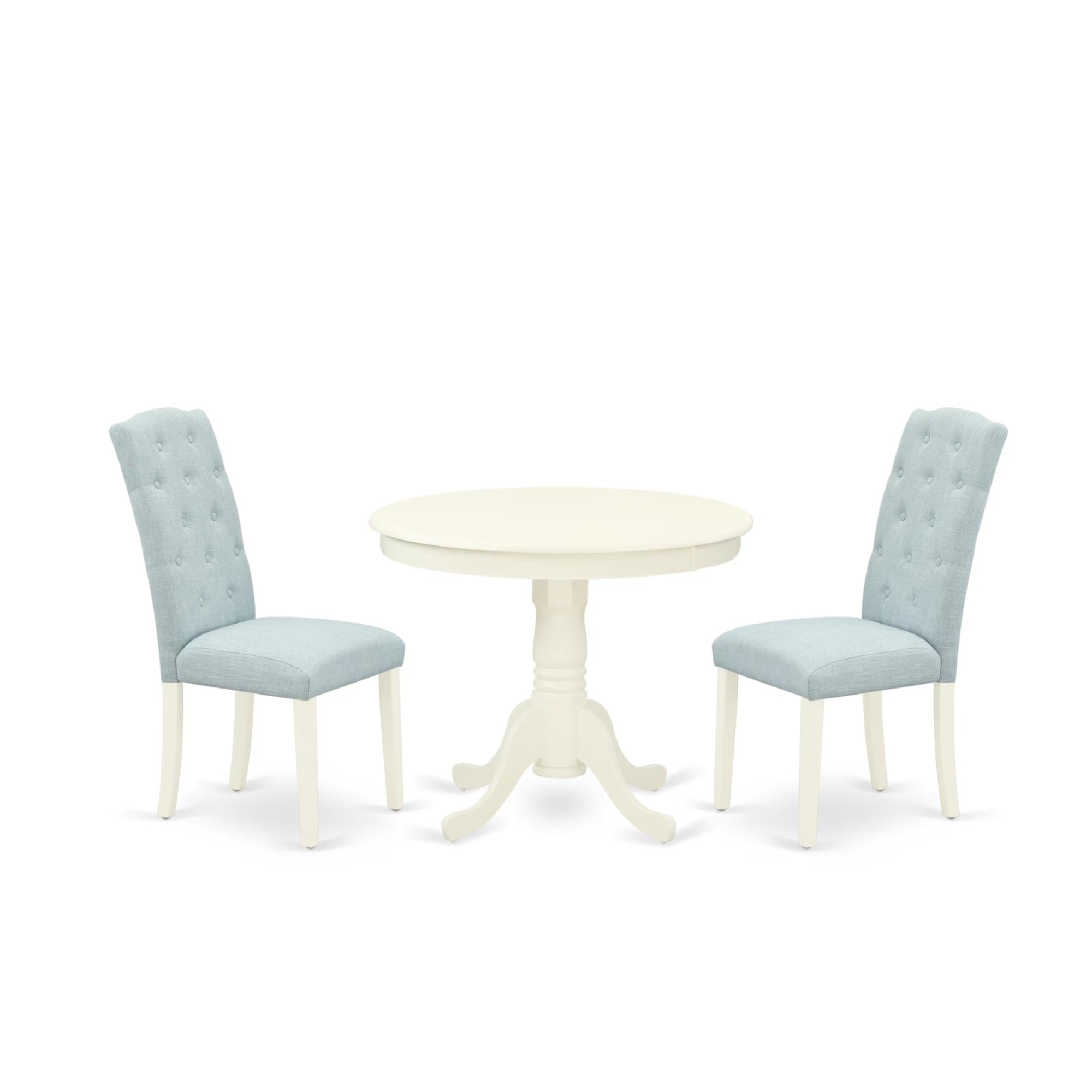 Casafoyer Ance3-Lwh-15 3 Piece Modern Dining Table Set Contains A Round Kitchen Table With Pedestal And 2 Baby Blue Linen Fabric Parsons Dining Chairs, 36X36 Inch, Linen White