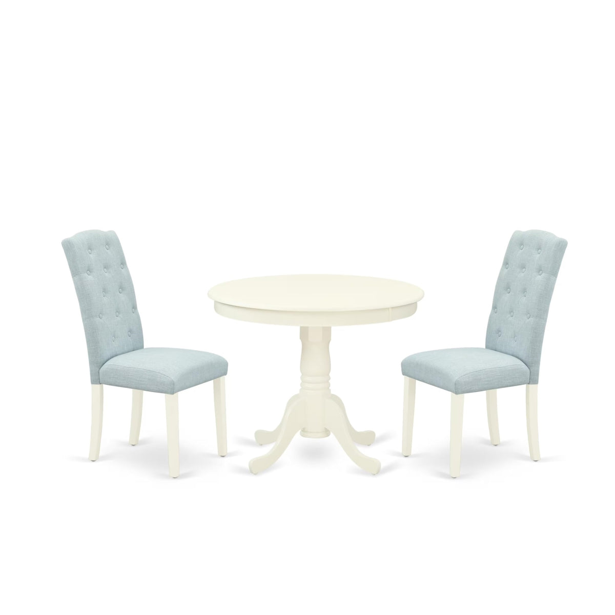 Casafoyer Ance3-Lwh-15 3 Piece Modern Dining Table Set Contains A Round Kitchen Table With Pedestal And 2 Baby Blue Linen Fabric Parsons Dining Chairs, 36X36 Inch, Linen White