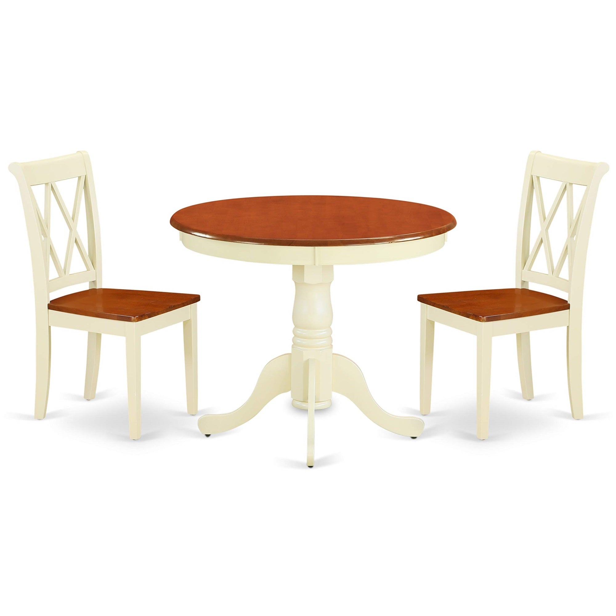 East West Furniture Ancl3-Bmk-W Antique 3 Piece Set For Small Spaces Contains A Round Kitchen Table With Pedestal And 2 Dining Chairs, 36X36 Inch