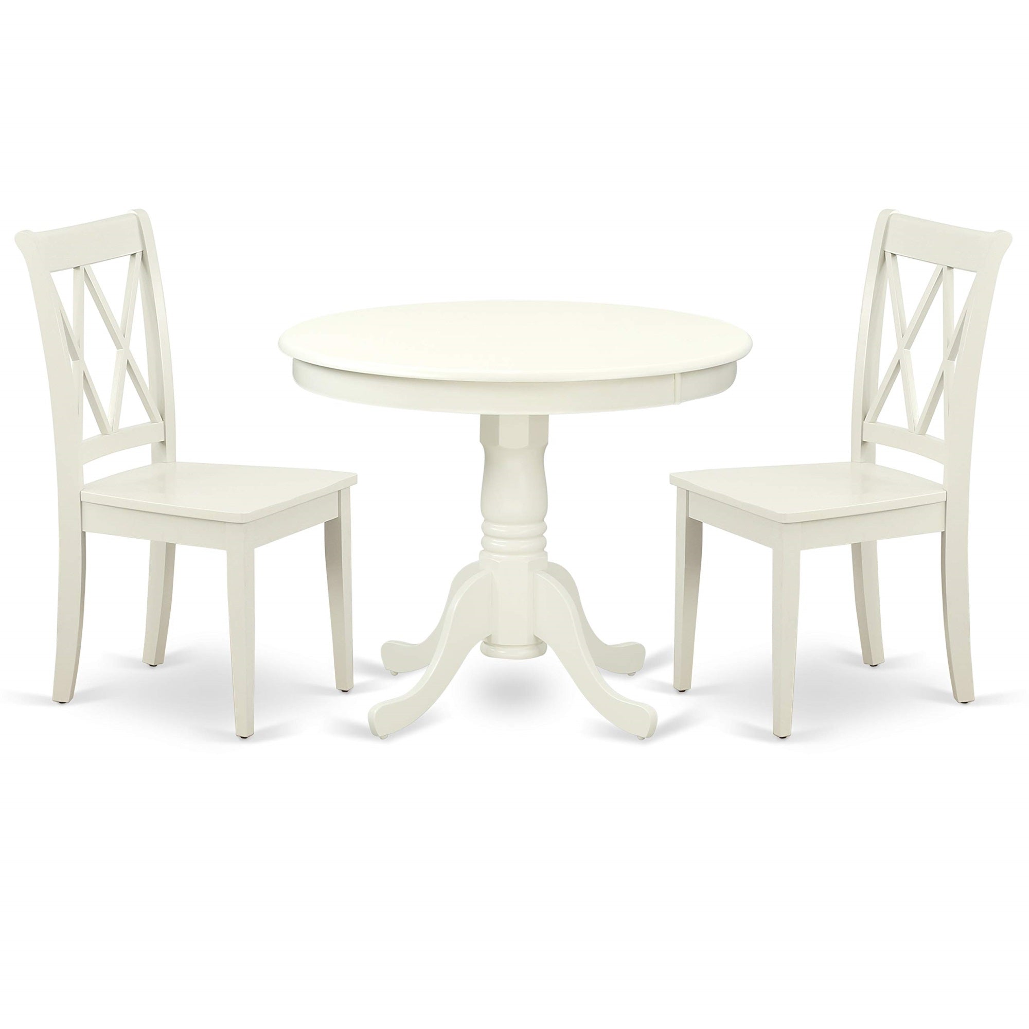 East West Furniture Ancl3-Lwh-W Antique 3 Piece Kitchen Set For Small Spaces Contains A Round Dining Room Table With Pedestal And 2 Solid Wood Seat Chairs, 36X36 Inch