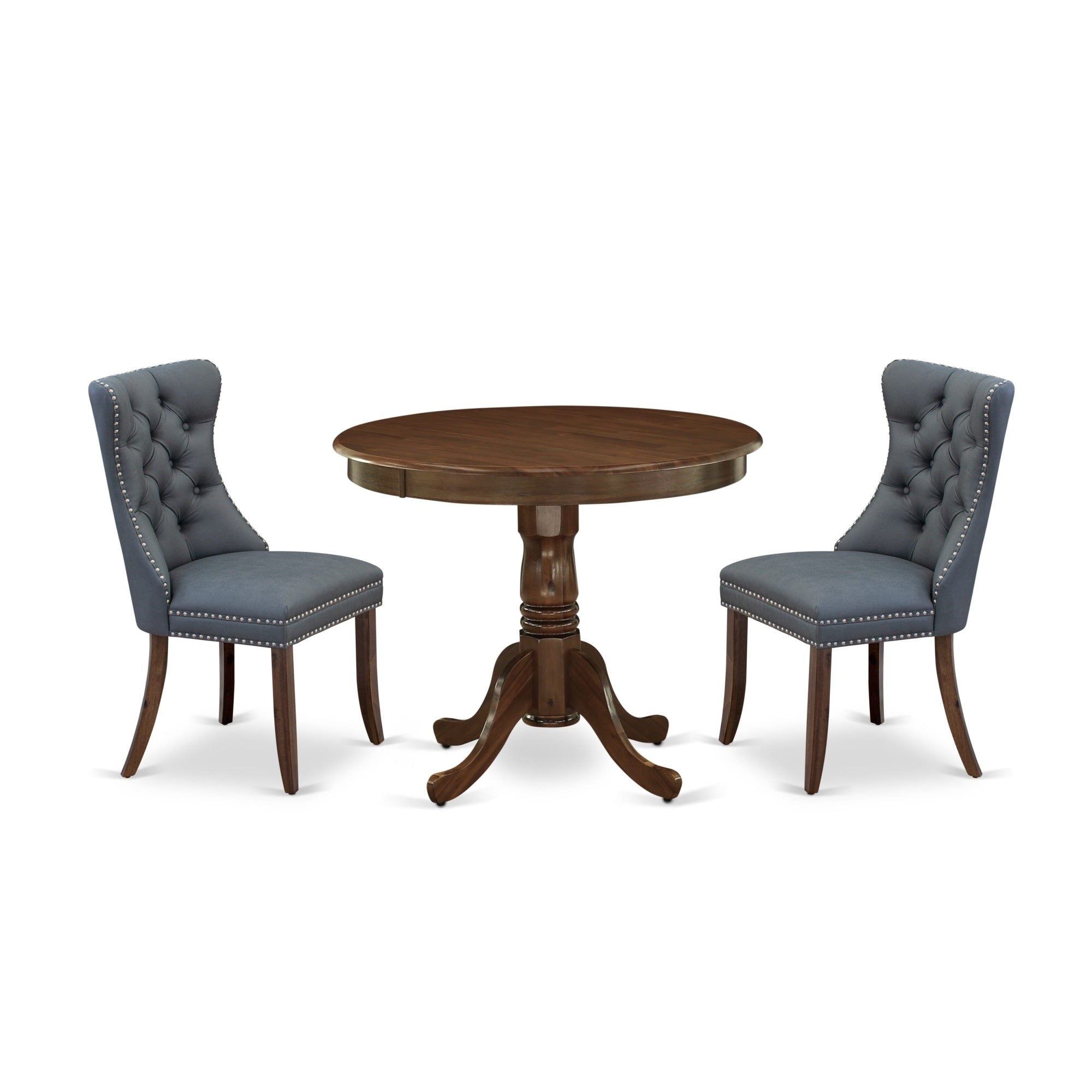 East West Furniture Anda3-Awa-13 3 Piece Kitchen Table Set Includes A Round Dining Table With Pedestal And 2 Upholstered Parson Chairs, 36X36 Inch, Antique Walnut