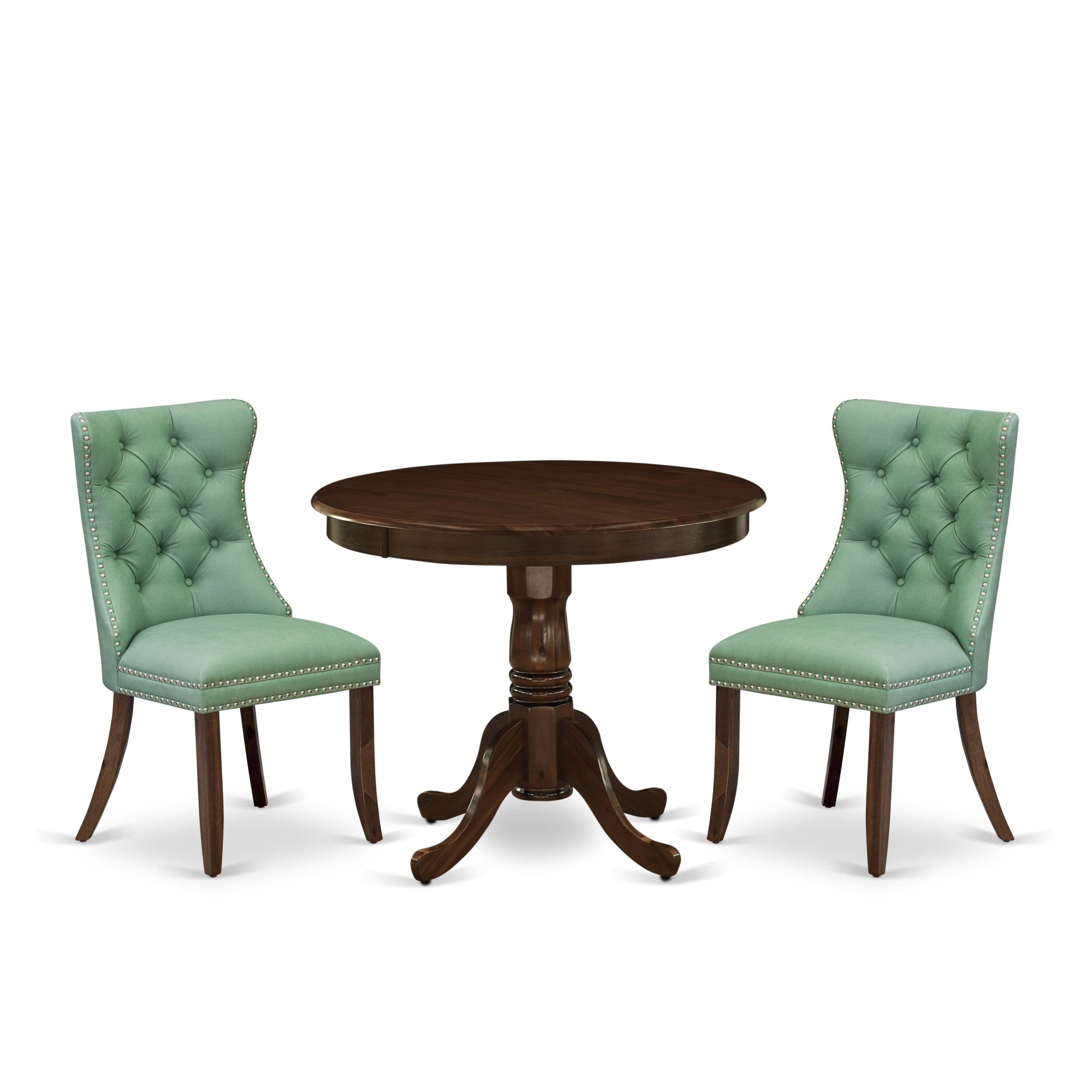 East West Furniture Anda3-Awa-22 3 Piece Kitchen Table & Chairs Set Includes A Round Dining Table With Pedestal And 2 Upholstered Chairs, 36X36 Inch, Antique Walnut