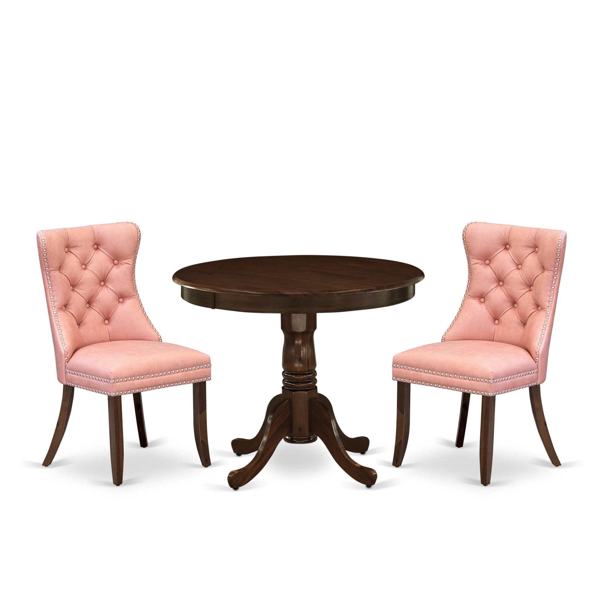 East West Furniture Anda3-Awa-23 3 Piece Dining Set Contains A Round Kitchen Table With Pedestal And 2 Upholstered Parson Chairs, 36X36 Inch, Antique Walnut