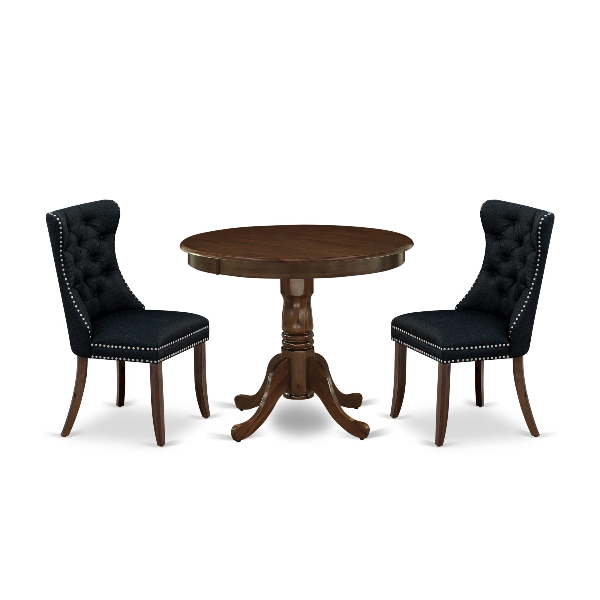 East West Furniture Anda3-Awa-24 3 Piece Kitchen Table & Chairs Set Contains A Round Dining Table With Pedestal And 2 Padded Chairs, 36X36 Inch, Antique Walnut