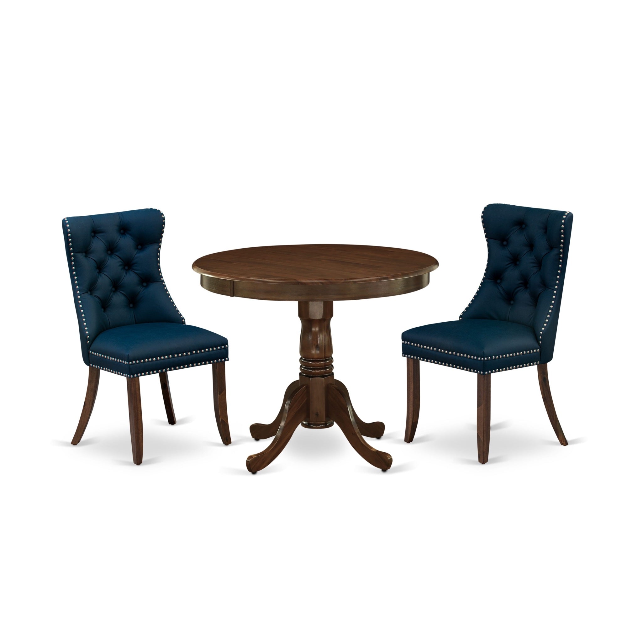 East West Furniture Anda3-Awa-29 3 Piece Kitchen Table & Chairs Set Includes A Round Dining Table With Pedestal And 2 Upholstered Chairs, 36X36 Inch, Antique Walnut