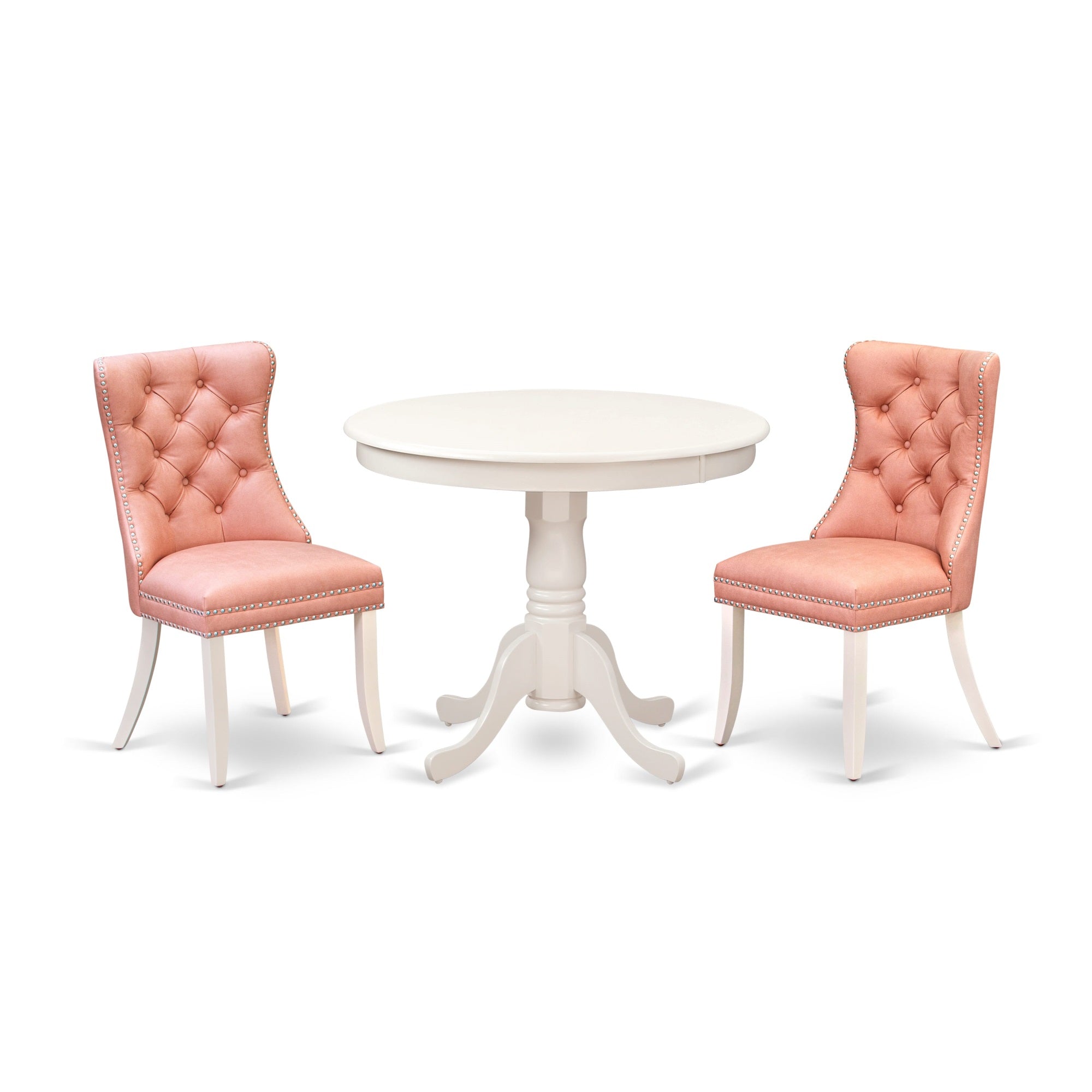 East West Furniture Anda3-Lwh-23 3 Piece Dinette Set For Small Spaces Consists Of A Round Kitchen Table With Pedestal And 2 Upholstered Parson Chairs, 36X36 Inch, Linen White