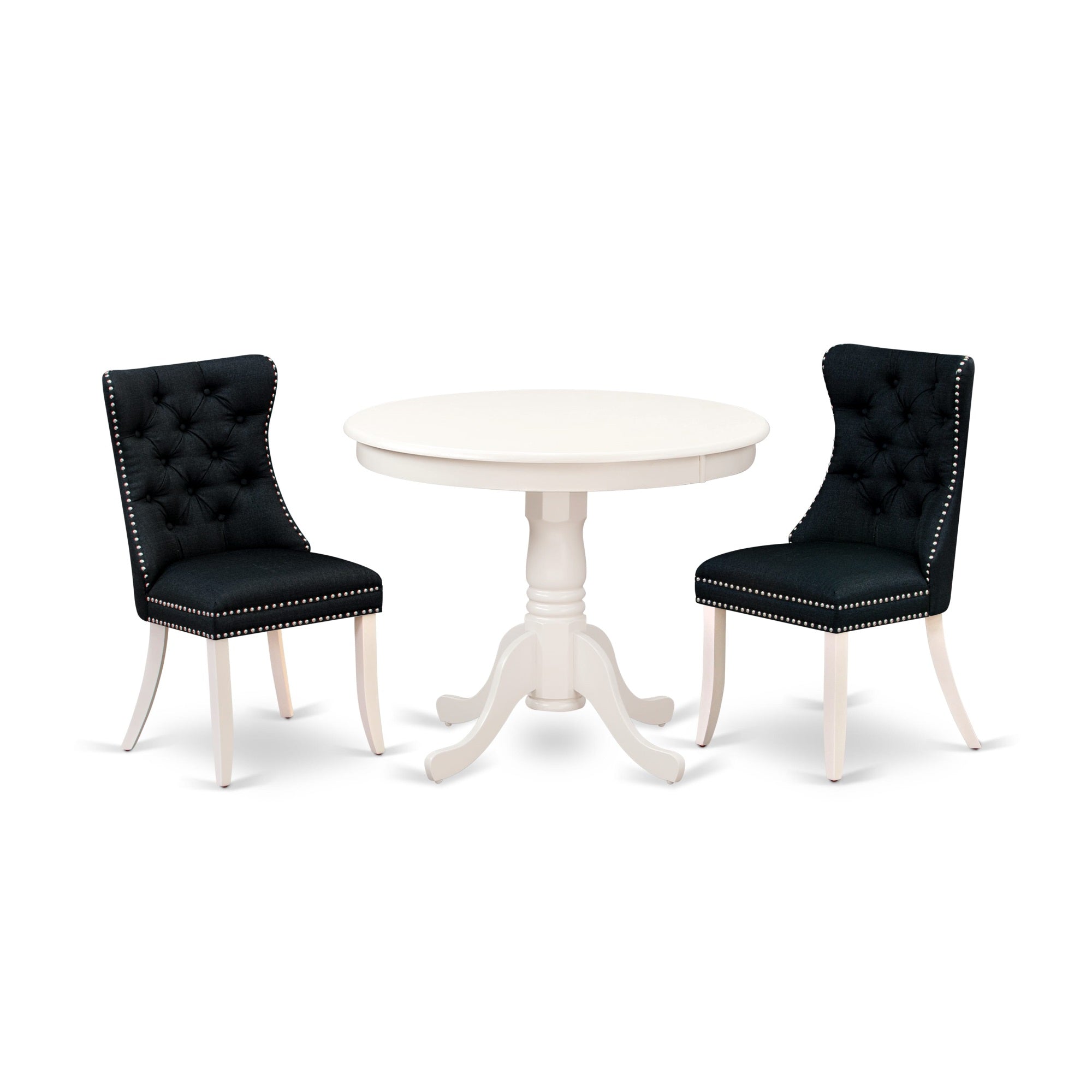 East West Furniture Anda3-Lwh-24 3 Piece Dining Set Includes A Round Kitchen Table With Pedestal And 2 Upholstered Parson Chairs, 36X36 Inch, Linen White