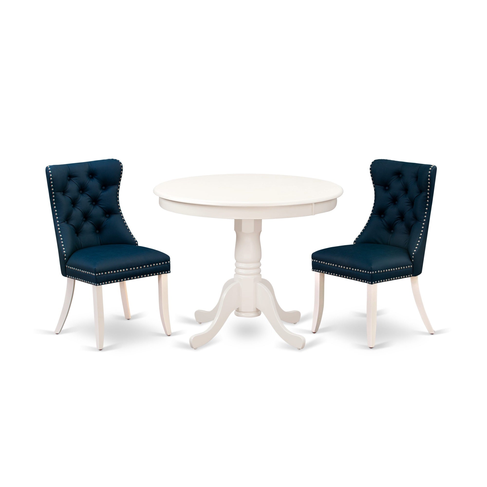 East West Furniture Anda3-Lwh-29 3 Piece Dining Room Furniture Set Consists Of A Round Kitchen Table With Pedestal And 2 Padded Chairs, 36X36 Inch, Linen White