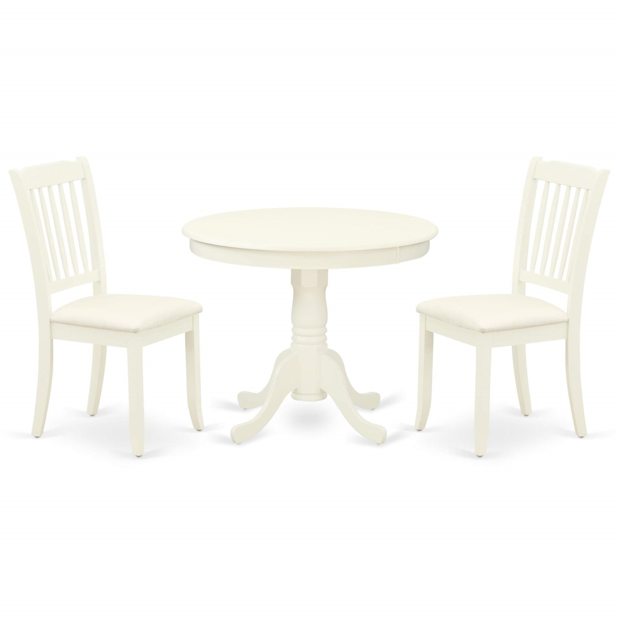Casafoyer Anda3-Lwh-C 3 Piece Kitchen Table & Chairs Set Contains A Round Dining Room Table With Pedestal And 2 Linen Fabric Upholstered Dining Chairs, 36X36 Inch, Linen White