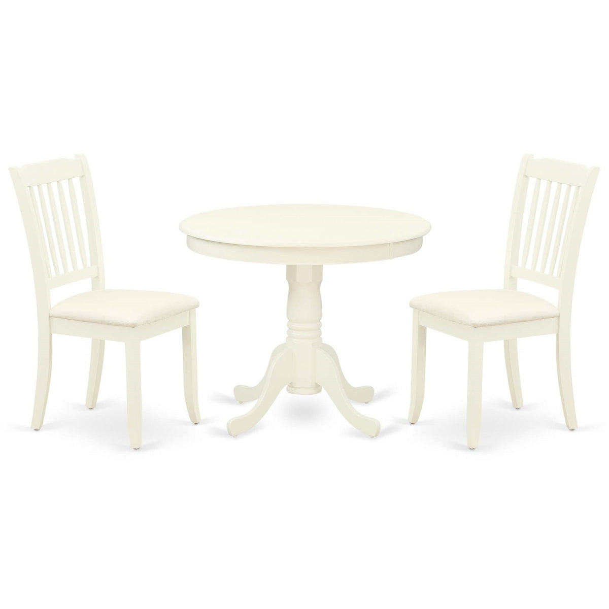 Casafoyer Anda3-Lwh-C 3 Piece Kitchen Table & Chairs Set Contains A Round Dining Room Table With Pedestal And 2 Linen Fabric Upholstered Dining Chairs, 36X36 Inch, Linen White