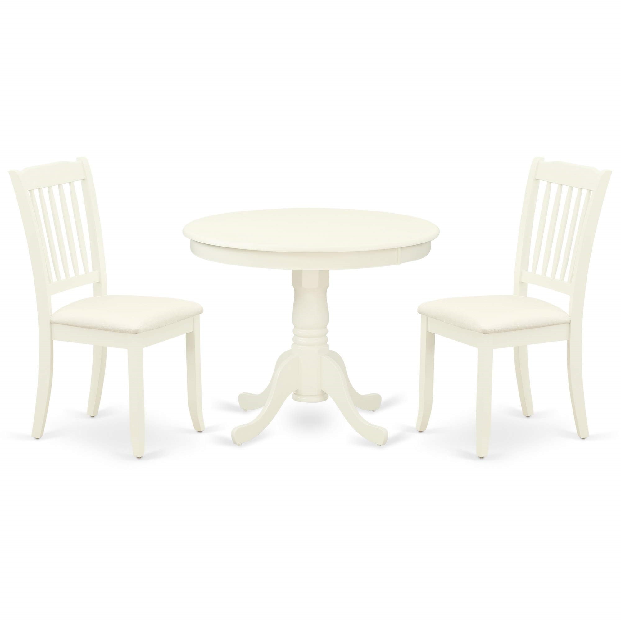 East West Furniture Anda3-Lwh-C Antique 3 Piece Kitchen Set Contains A Round Room Table With Pedestal And 2 Linen Fabric Upholstered Dining Chairs, 36X36 Inch
