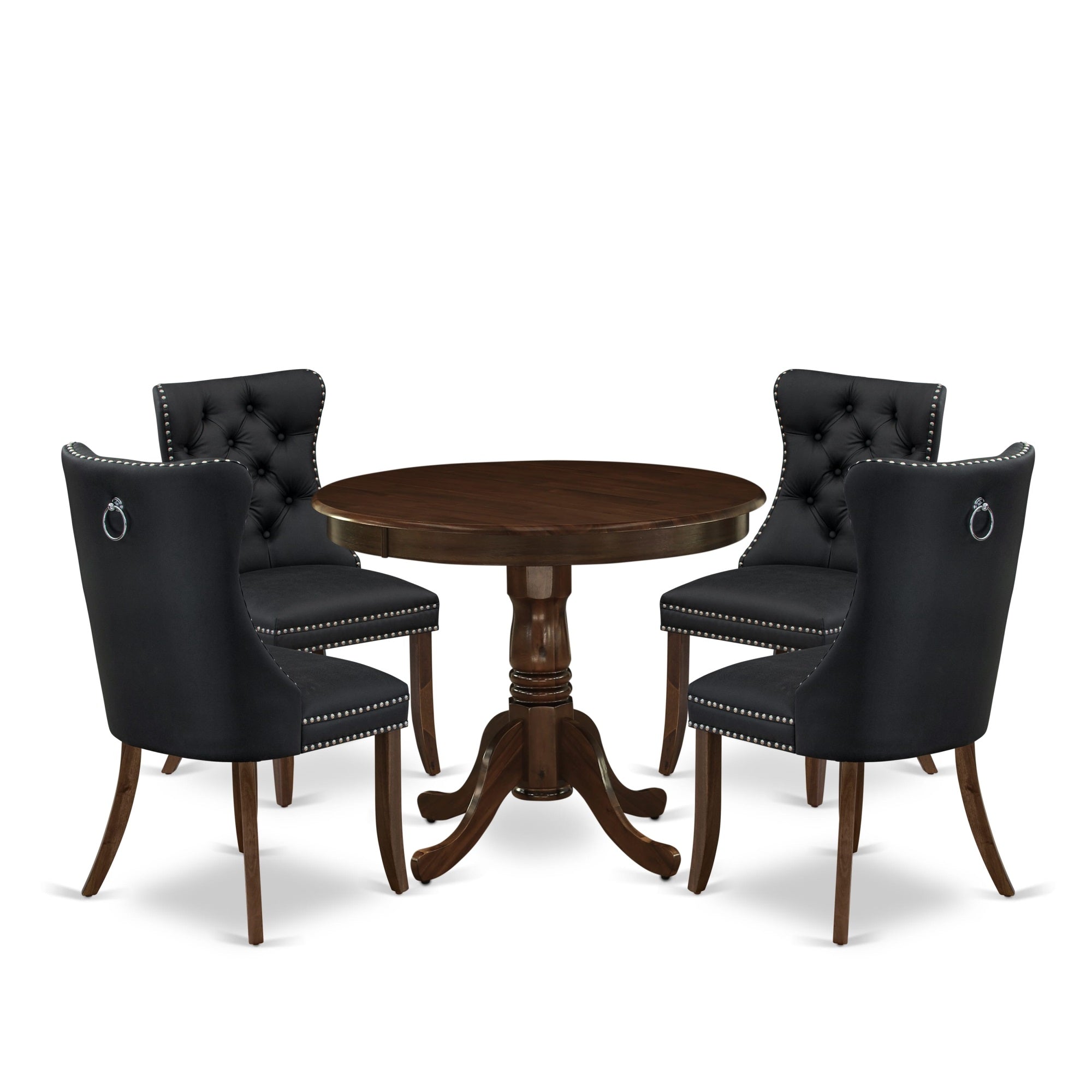 East West Furniture Anda5-Awa-12 5 Piece Kitchen Table Set Includes A Round Dining Table With Pedestal And 4 Upholstered Parson Chairs, 36X36 Inch, Antique Walnut