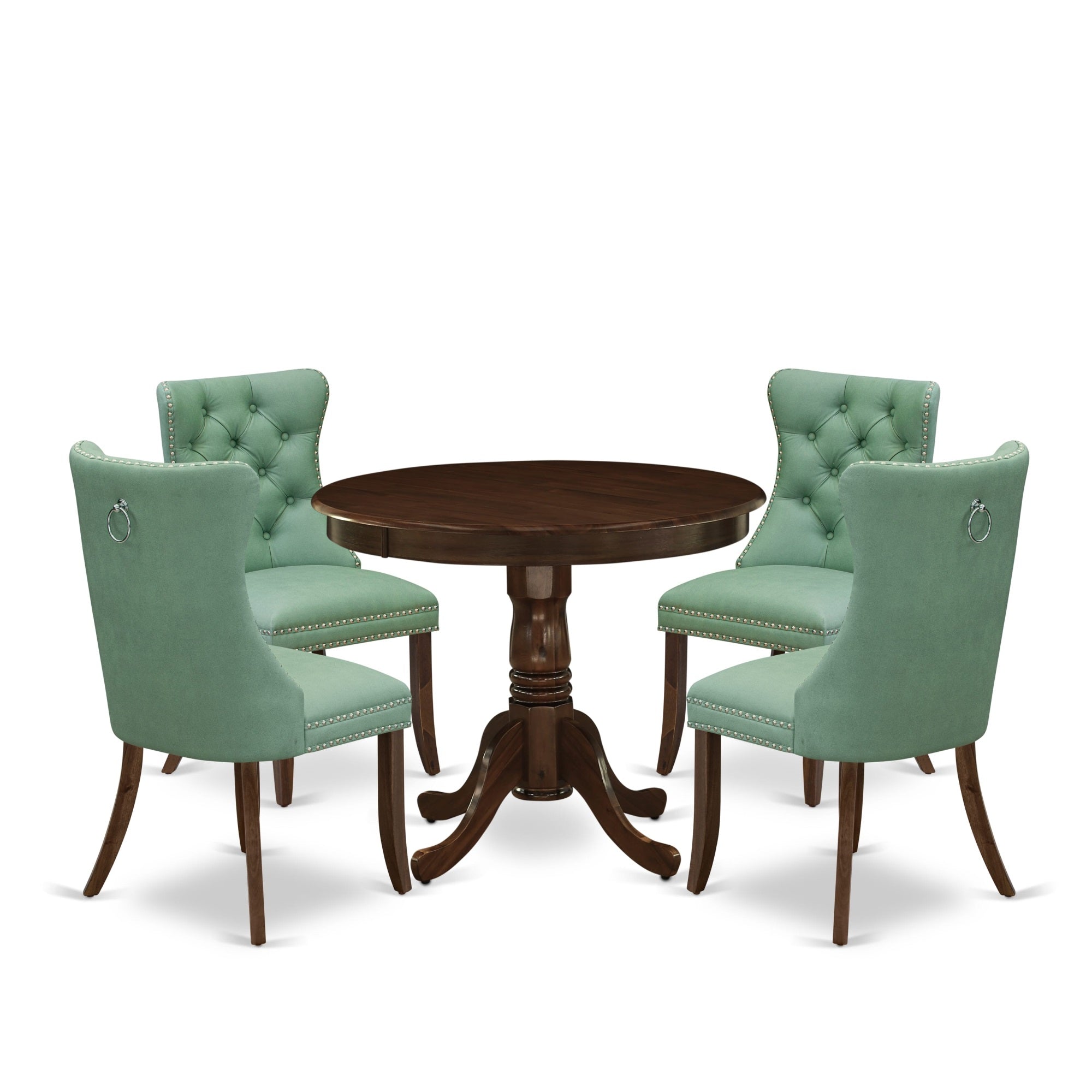 East West Furniture Anda5-Awa-22 5 Piece Kitchen Table Set Includes A Round Dining Table With Pedestal And 4 Upholstered Parson Chairs, 36X36 Inch, Antique Walnut