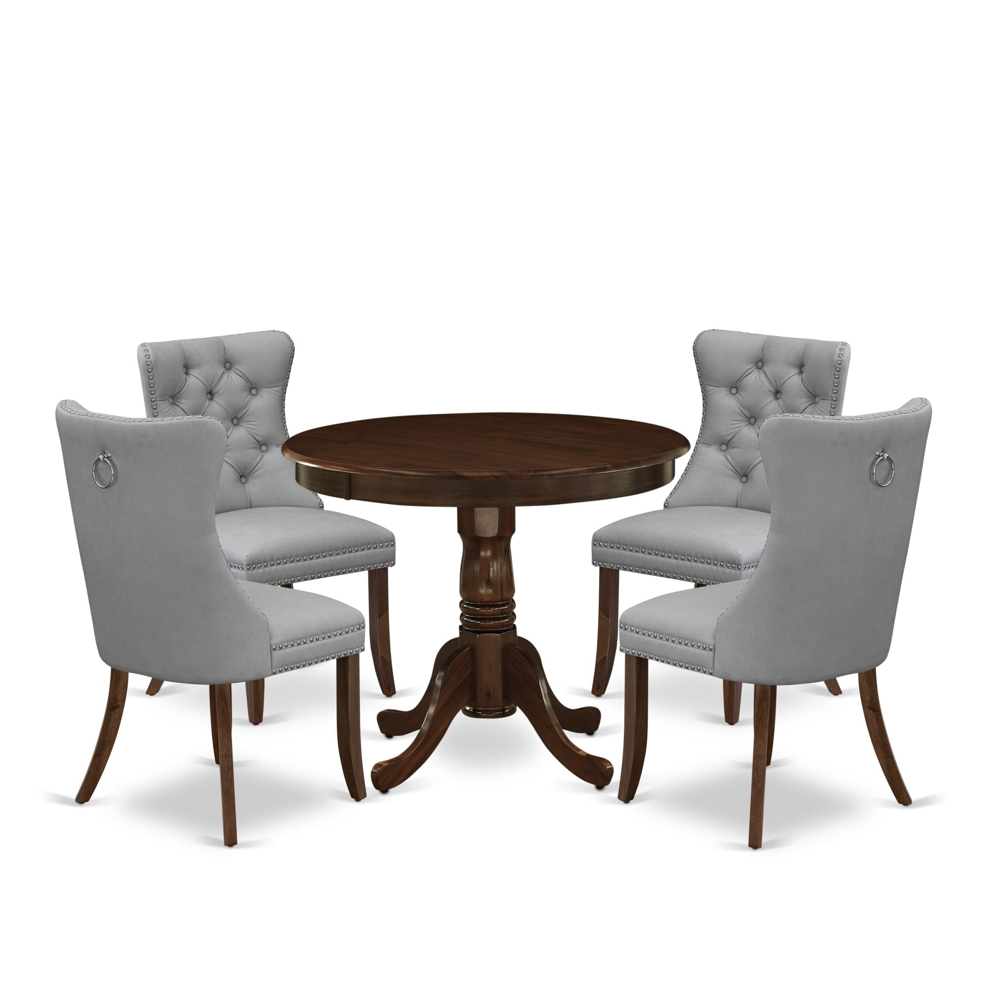 East West Furniture Anda5-Awa-27 5 Piece Kitchen Table & Chairs Set Includes A Round Dining Table With Pedestal And 4 Upholstered Chairs, 36X36 Inch, Antique Walnut