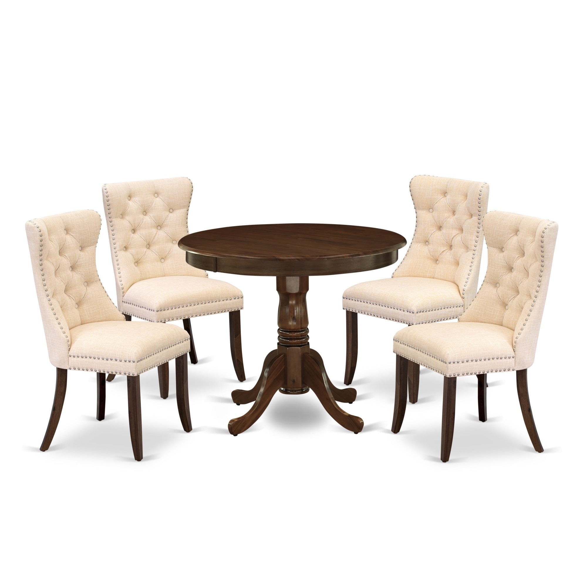 East West Furniture Anda5-Awa-32 5 Piece Dining Room Furniture Set Includes A Round Kitchen Table With Pedestal And 4 Padded Chairs, 36X36 Inch, Antique Walnut