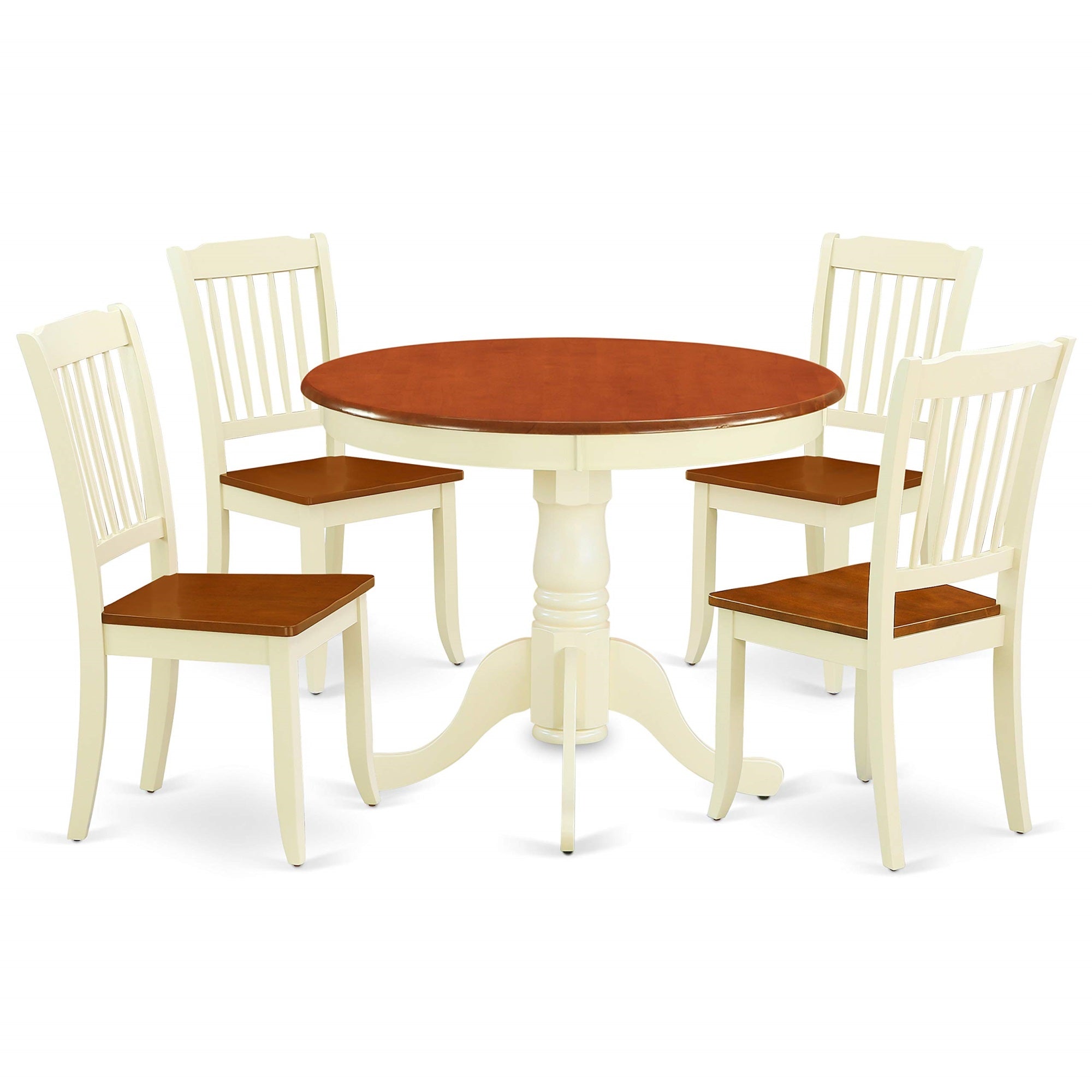 Ergode Anda5-Bmk-W, 5-Piece Dining Table Set, Round Kitchen Table With Pedestal, 4 Dining Chairs, Antique Design, Cherry & Buttermilk Color, Sturdy Asian Wood Construction, Easy To Assemble, Comfortable Wooden Seats, Slatted Back, 36X36 Inch