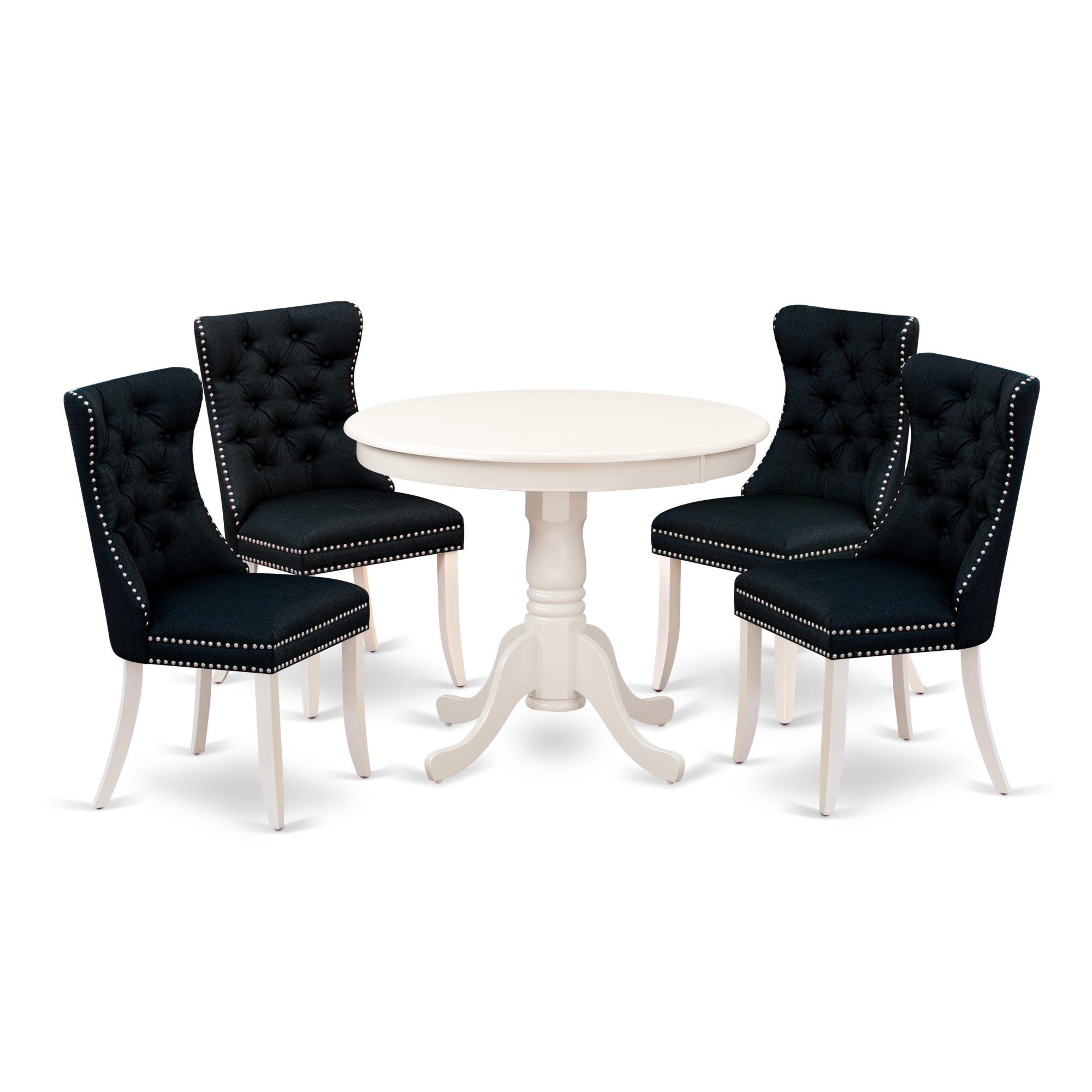 East West Furniture Anda5-Lwh-24 5 Piece Dining Room Set Consists Of A Round Wooden Table With Pedestal And 4 Upholstered Chairs, 36X36 Inch, Linen White