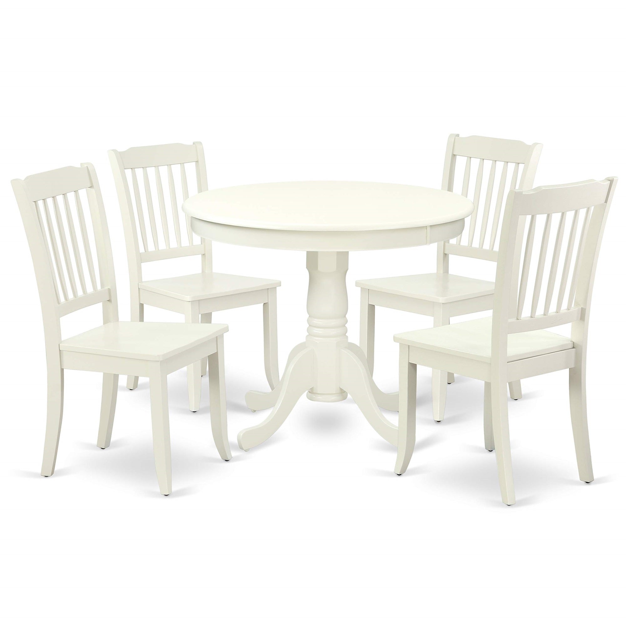 Ergode Anda5-Lwh-W, 5-Piece Dining Table Set, Antique Round Kitchen Table With Pedestal, 4 Wood Chairs, Linen White, 36X36 Inch
