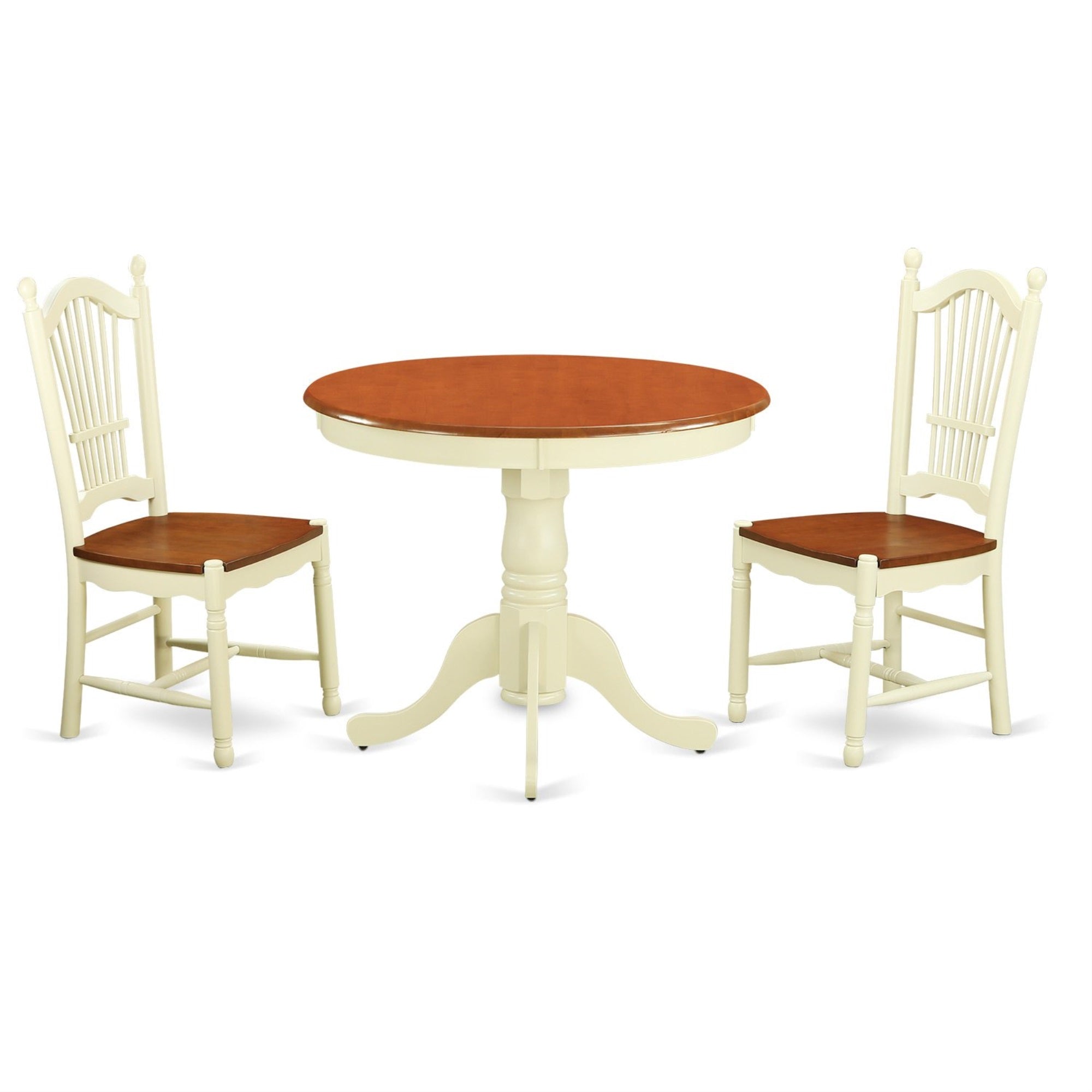 East West Furniture Antique 3 Piece Kitchen Set Contains A Round Dining Room Table With Pedestal And 2 Solid Wood Seat Chairs, 36X36 Inch, Ando3-Whi-W
