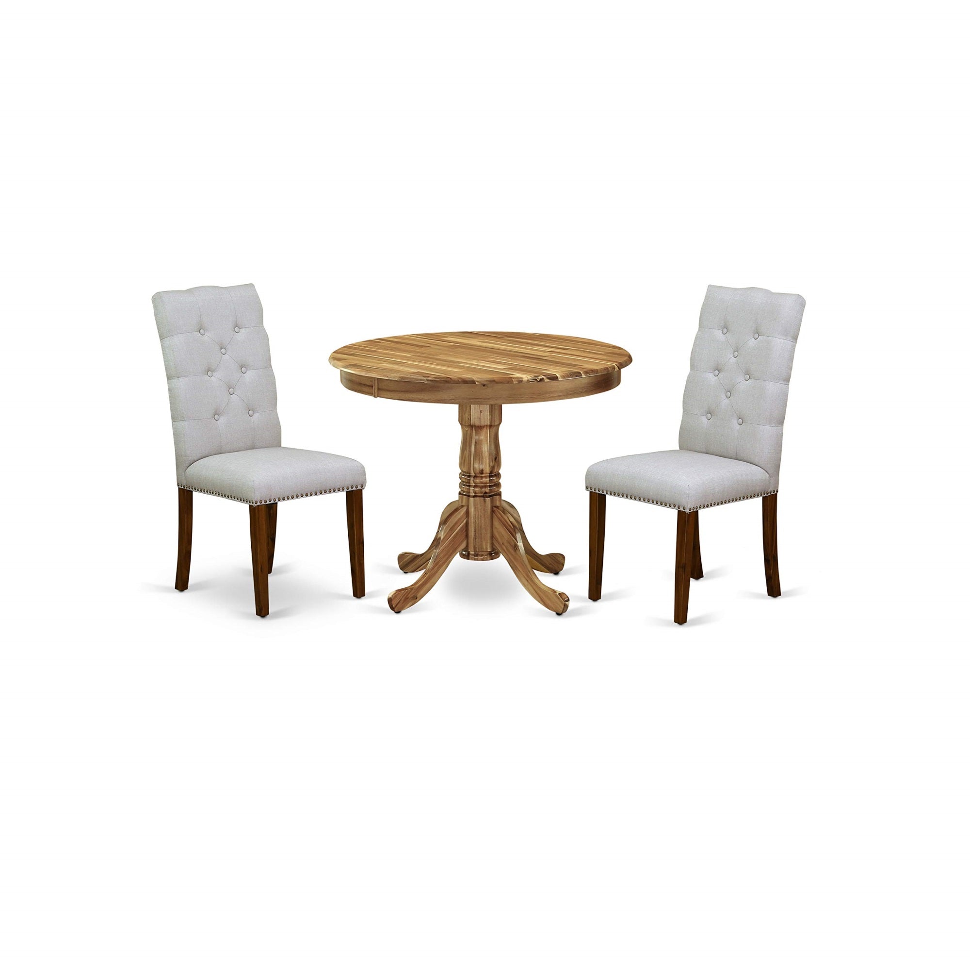 East West Furniture Antique 3 Piece Kitchen Set Contains A Round Dining Room Table With Pedestal And 2 Grey Linen Fabric Parsons Dinette Chairs, 36X36 Inch, Anel3-Ana-05