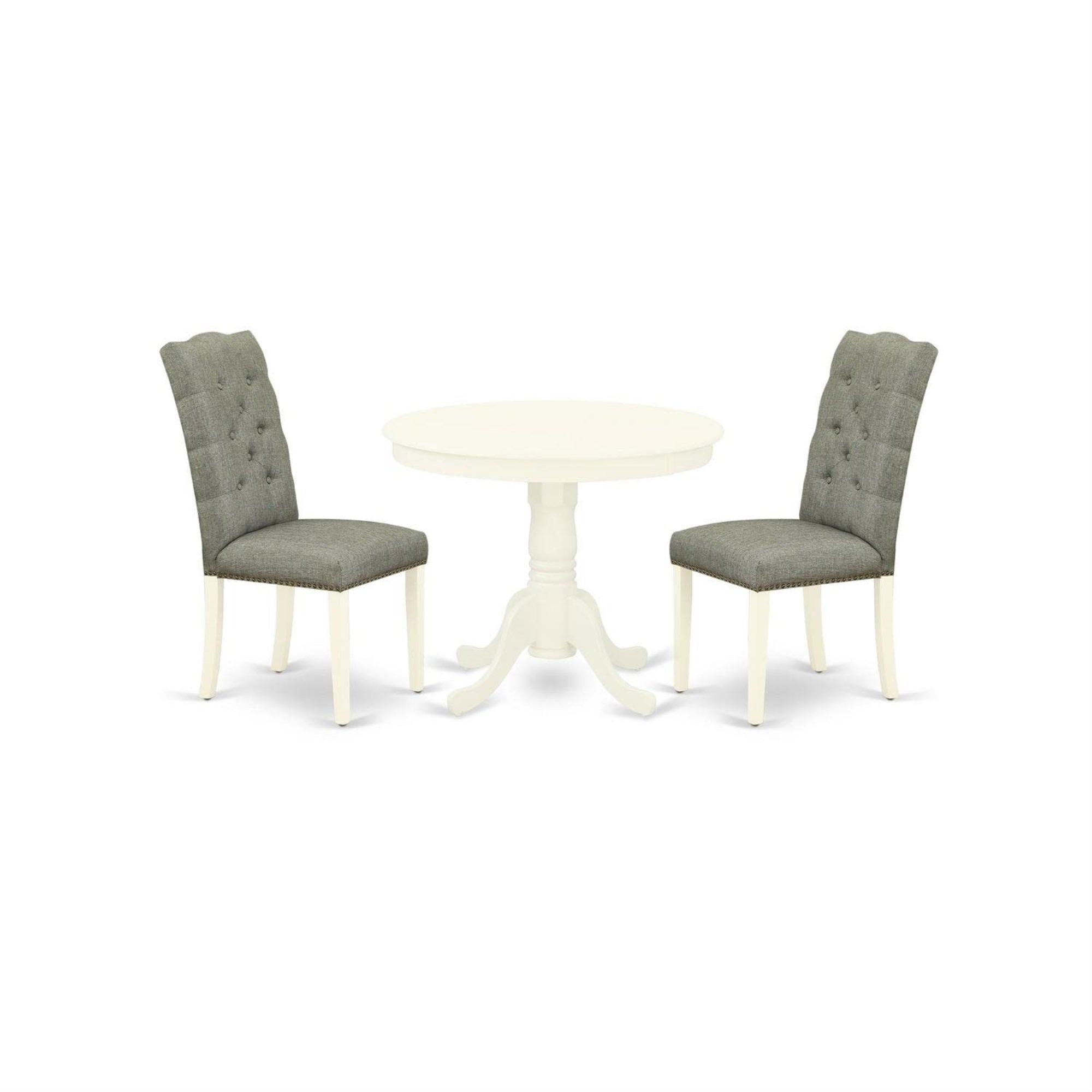 Casafoyer Anel3-Lwh-07 3 Piece Modern Dining Table Set Contains A Round Kitchen Table With Pedestal And 2 Smoke Linen Fabric Upholstered Parson Chairs, 36X36 Inch, Linen White