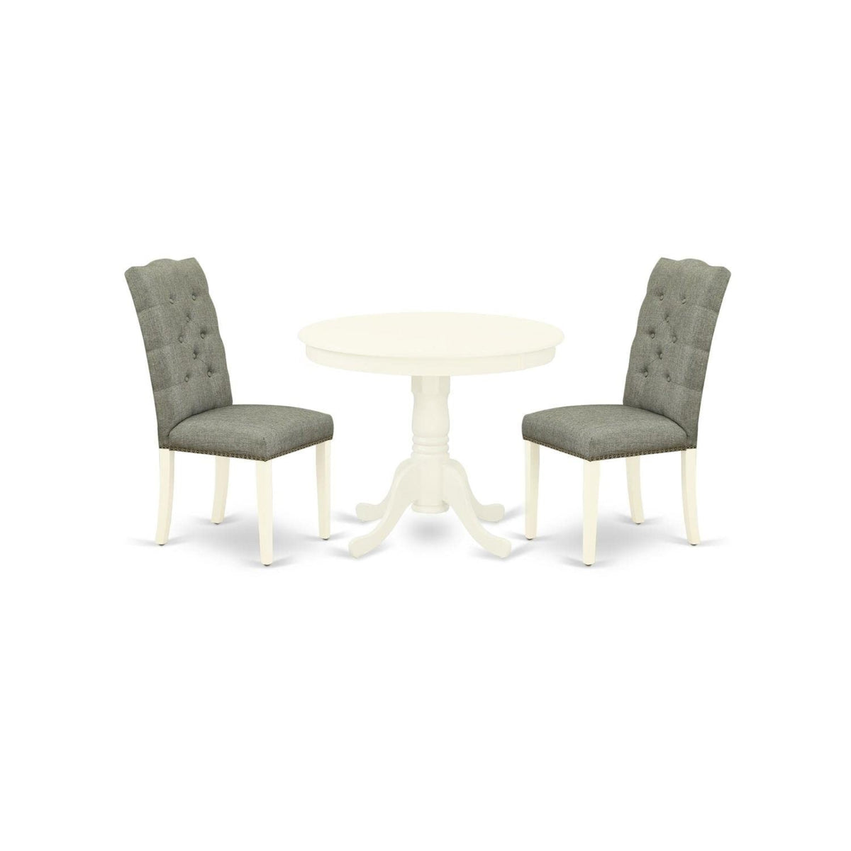 Casafoyer Anel3-Lwh-07 3 Piece Modern Dining Table Set Contains A Round Kitchen Table With Pedestal And 2 Smoke Linen Fabric Upholstered Parson Chairs, 36X36 Inch, Linen White