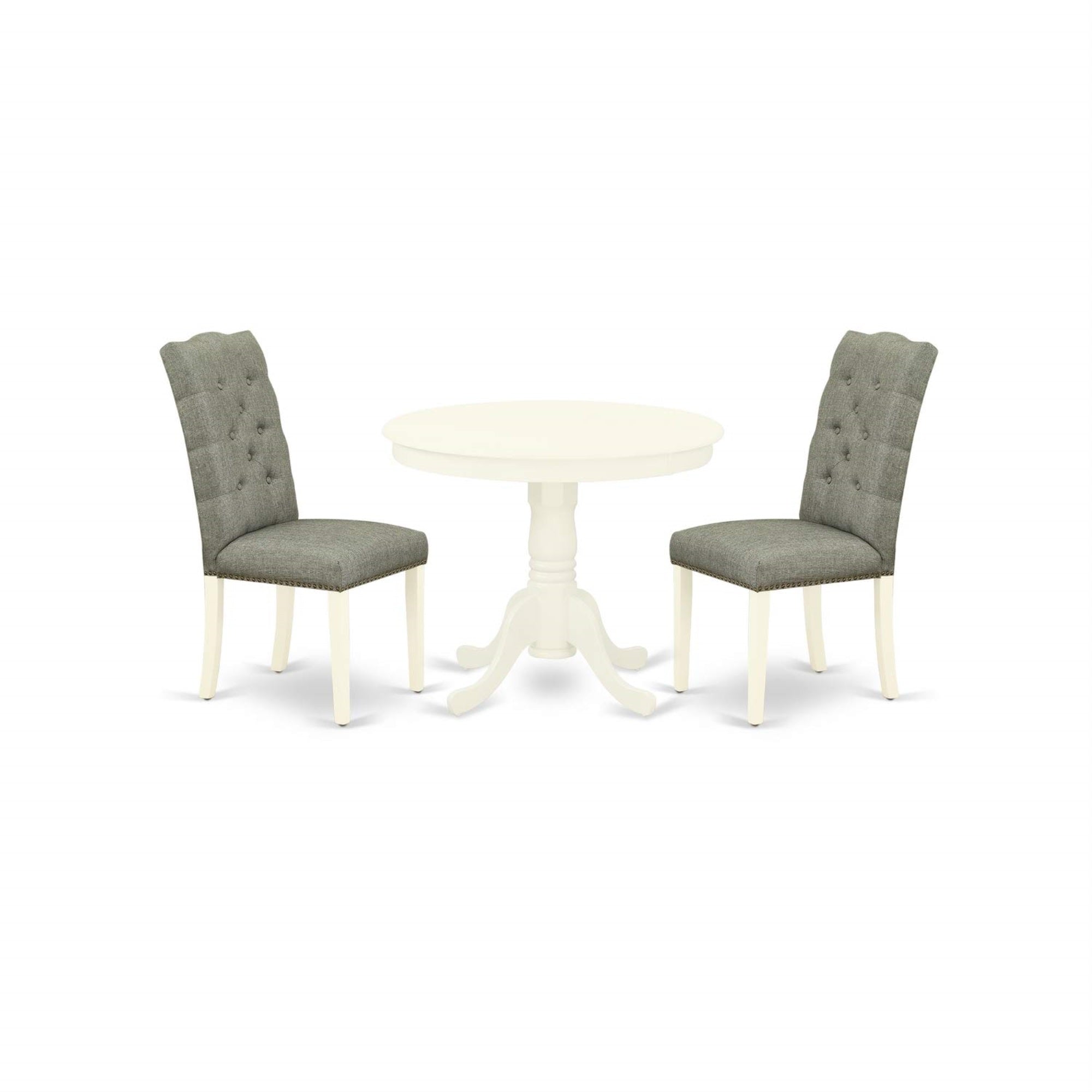 East West Furniture Anel3-Lwh-07 Antique 3 Piece Modern Dining Set Contains A Round Kitchen Table With Pedestal And 2 Smoke Linen Fabric Upholstered Parson Chairs, 36X36 Inch