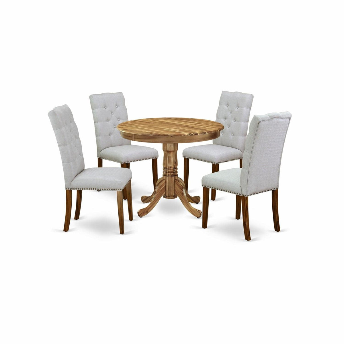 Casafoyer Anel5-Ana-05 Antique 5 Piece Kitchen Set For 4 Includes A Round Dining Room Table With Pedestal And 4 Grey Linen Fabric Upholstered Parson Chairs, 36X36 Inch