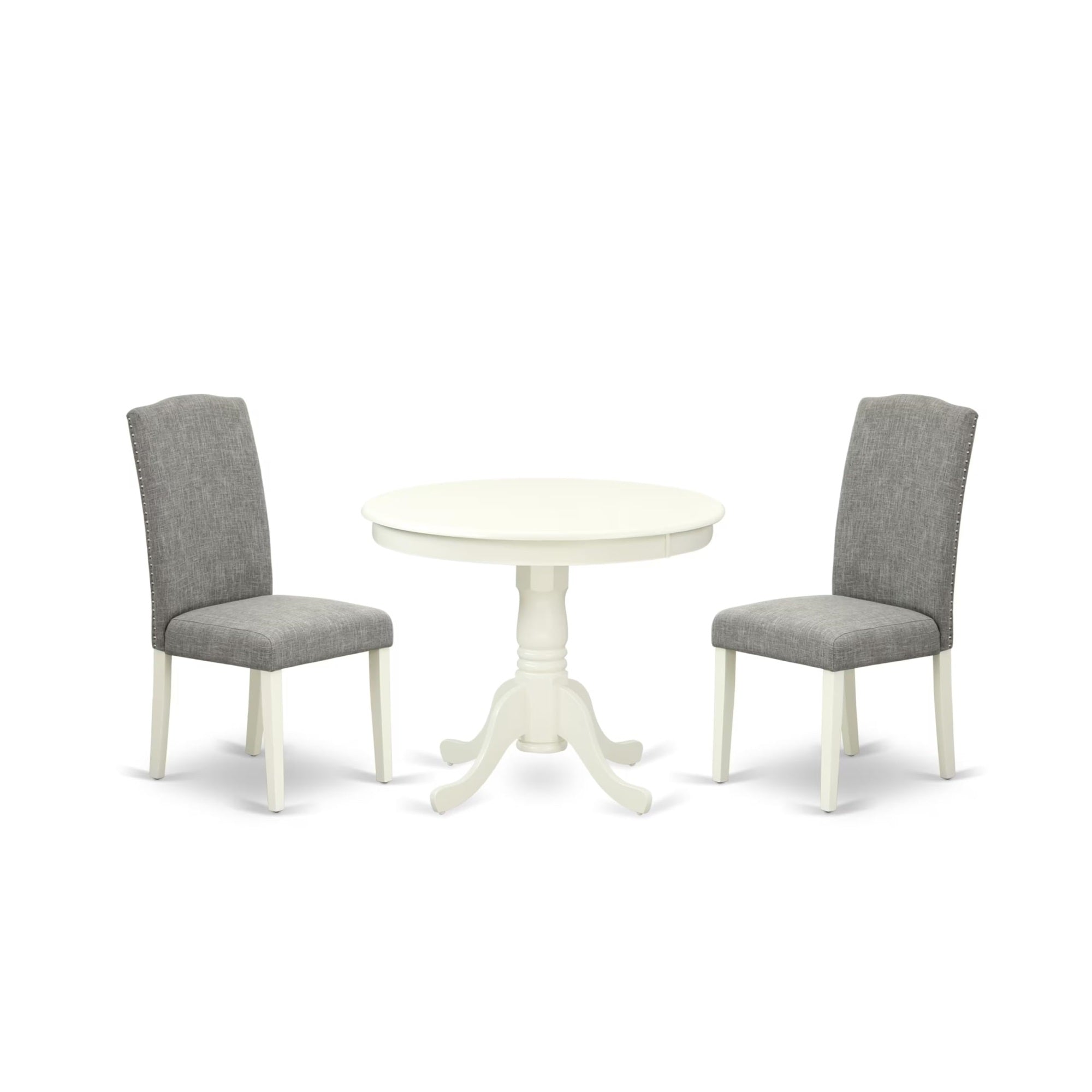 Casafoyer Anen3-Lwh-06 3 Piece Kitchen Table Set Contains A Round Dining Table With Pedestal And 2 Dark Shitake Linen Fabric Parson Dining Room Chairs, 36X36 Inch, Linen White