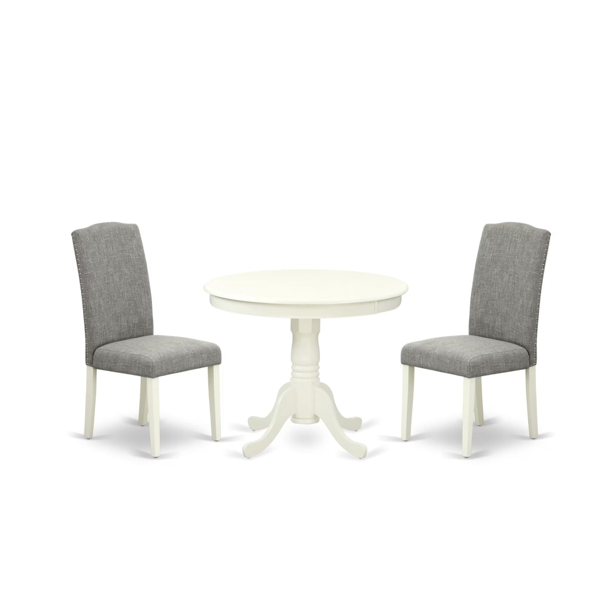 Casafoyer Anen3-Lwh-06 3 Piece Kitchen Table Set Contains A Round Dining Table With Pedestal And 2 Dark Shitake Linen Fabric Parson Dining Room Chairs, 36X36 Inch, Linen White