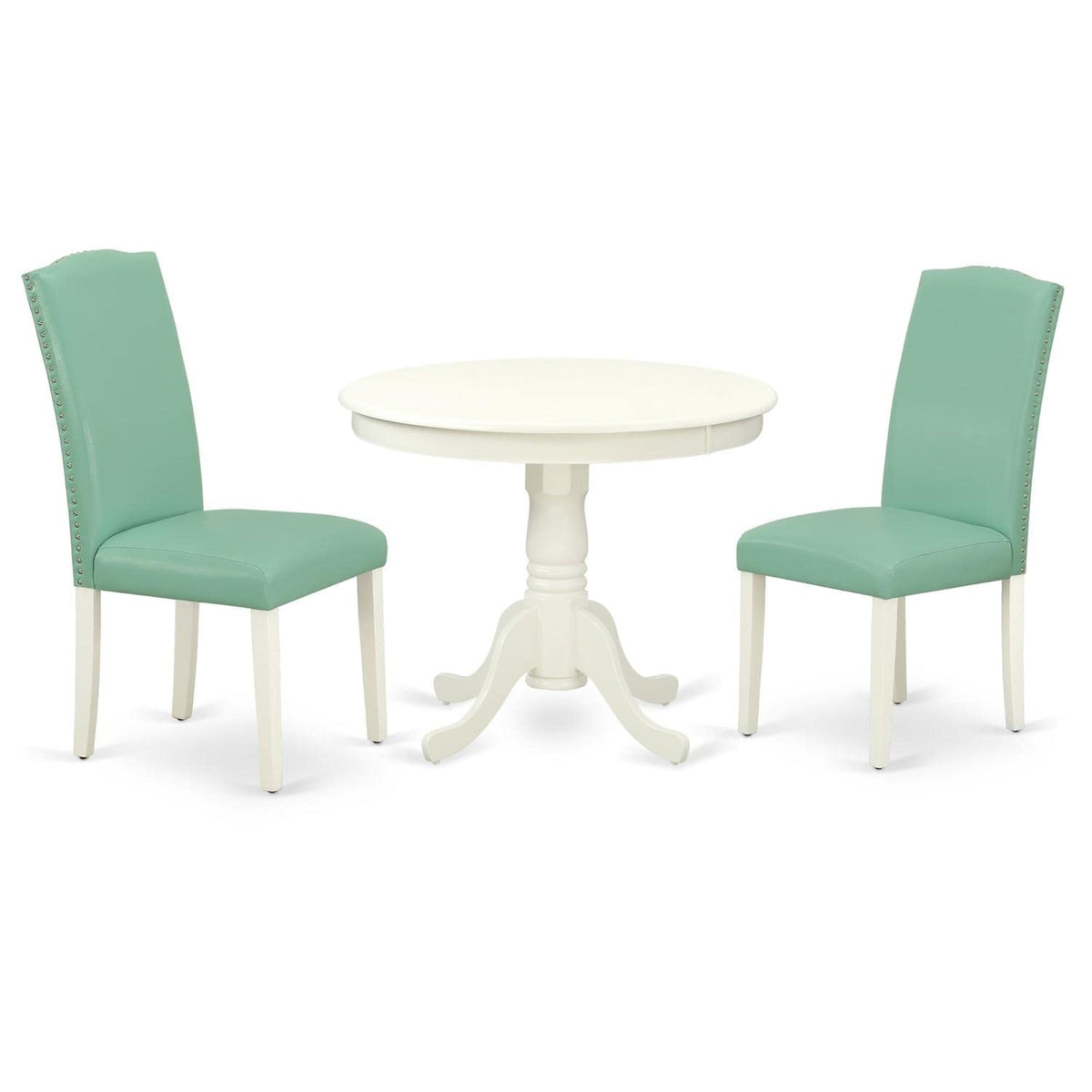 Casafoyer Anen3-Lwh-57 3 Piece Dinette Set For Small Spaces Contains A Round Kitchen Table With Pedestal And 2 Pond Faux Leather Parson Dining Chairs, 36X36 Inch, Linen White