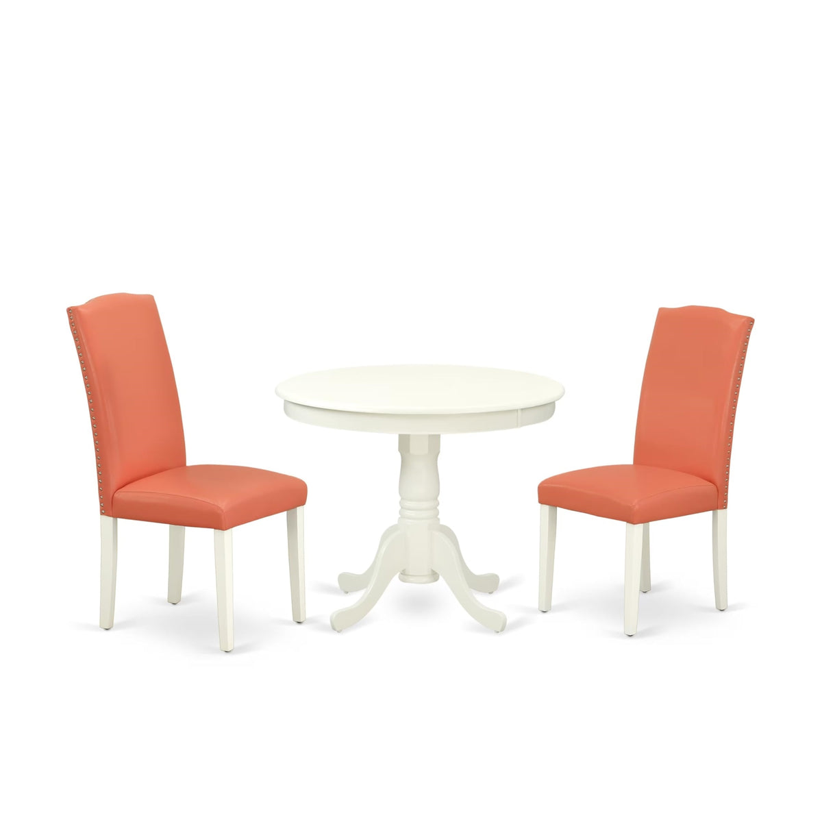 Casafoyer Anen3-Lwh-78 3 Piece Dining Set Contains A Round Kitchen Table With Pedestal And 2 Pink Flamingo Faux Leather Parson Dining Chairs, 36X36 Inch, Linen White