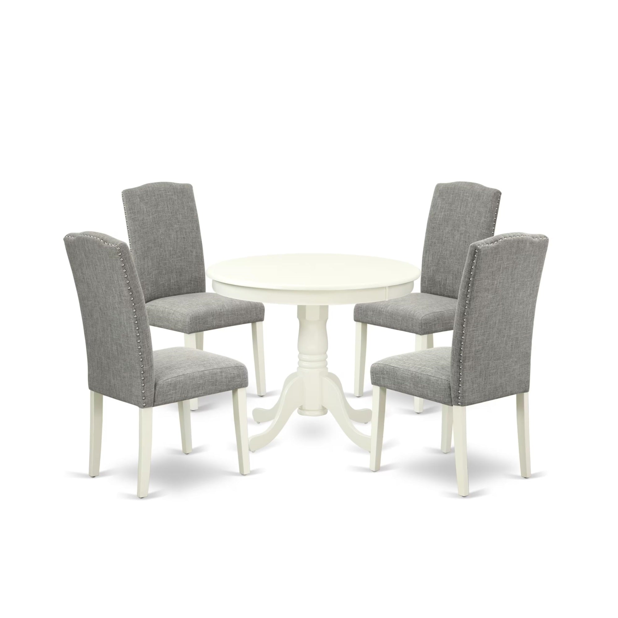 Casafoyer Anen5-Lwh-06 5 Piece Dining Room Furniture Set Includes A Round Kitchen Table With Pedestal And 4 Dark Shitake Linen Fabric Parsons Dining Chairs, 36X36 Inch, Linen White