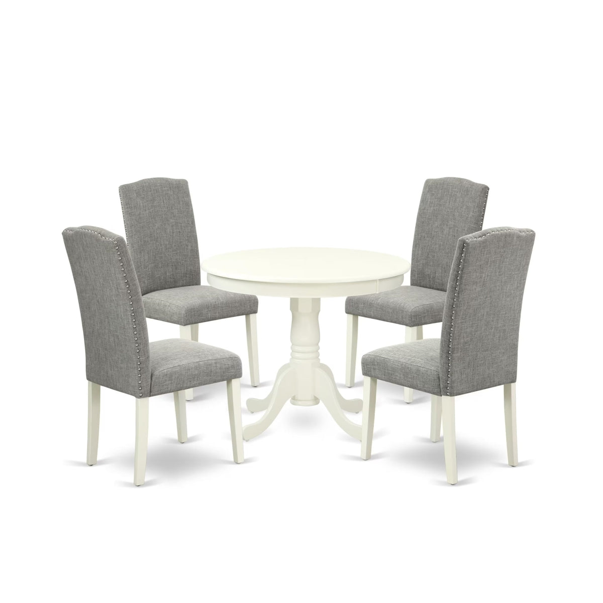 Casafoyer Anen5-Lwh-06 5 Piece Dining Room Furniture Set Includes A Round Kitchen Table With Pedestal And 4 Dark Shitake Linen Fabric Parsons Dining Chairs, 36X36 Inch, Linen White