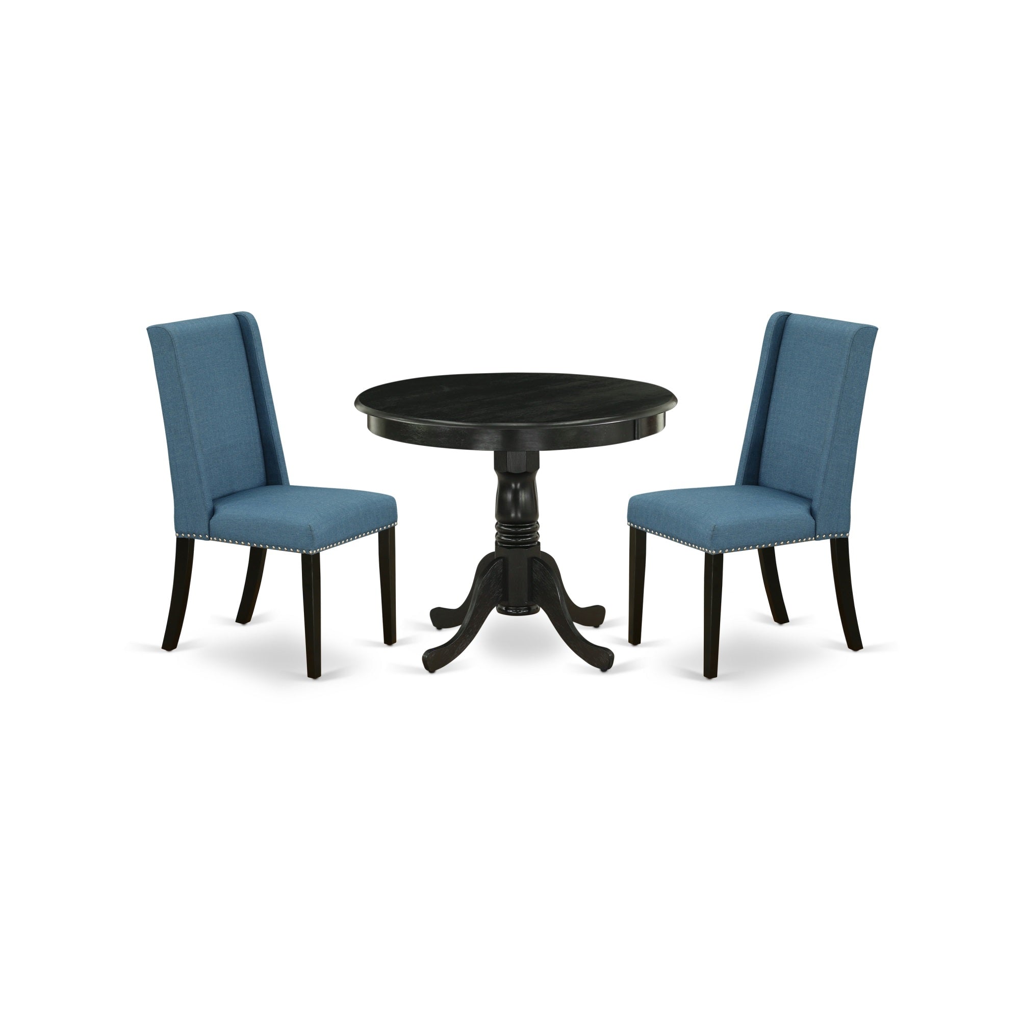 East West Furniture Anfl3-Abk-21 3-Piece Kitchen Dinette Set Included A Round Modern Dining Table & 2 Parsons Dining Chairs, Mineral Blue Linen Fabric Upholstered Dining Chairs Seat With Rubber Wood Legs, Black Finish