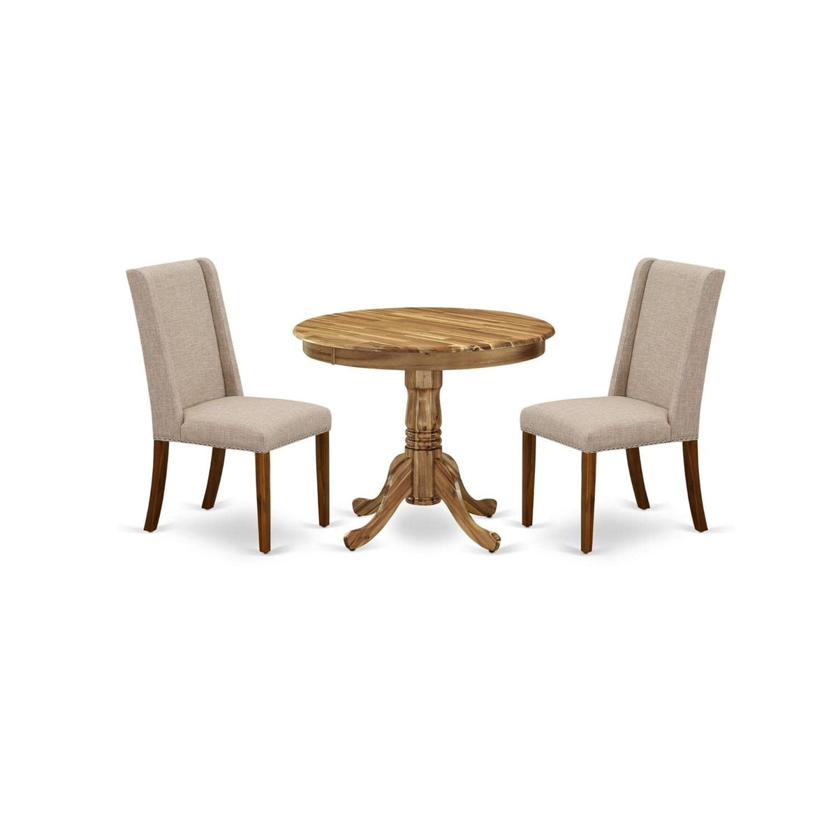 Casafoyer Antique 3 Piece Kitchen Set Contains A Round Dining Room Table With Pedestal And 2 Light Tan Linen Fabric Upholstered Chairs, 36X36 Inch, Anfl3-Ana-04
