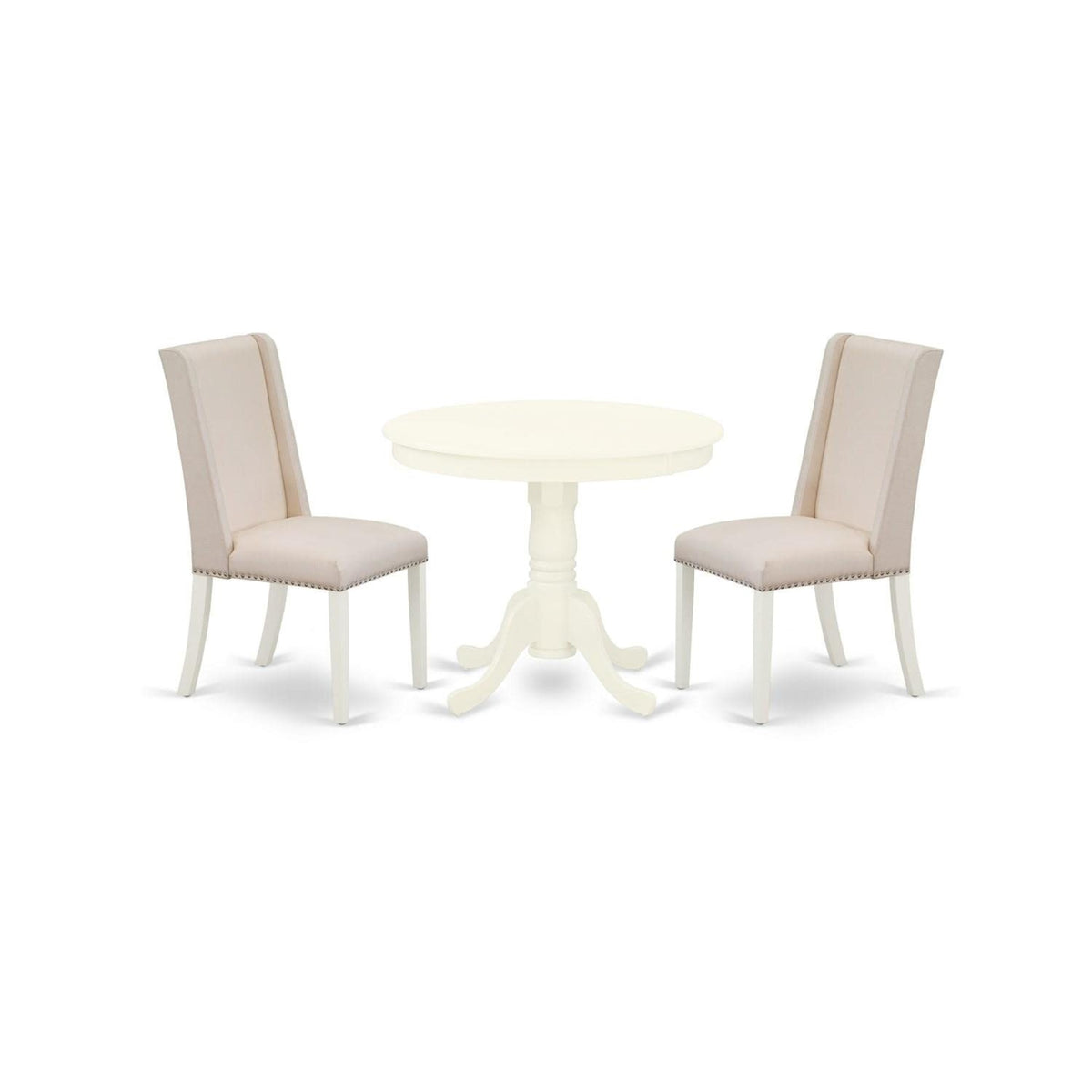 Casafoyer Antique 3 Piece Room Furniture Set Contains A Round Kitchen Table With Pedestal And 2 Cream Linen Fabric Parson Dining Chairs, 36X36 Inch, Anfl3-Lwh-01