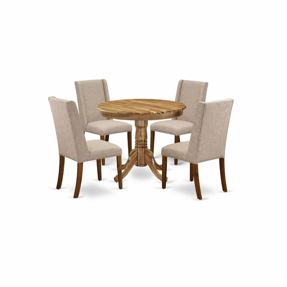 Casafoyer Anfl5-Ana-04 Antique 5 Piece Kitchen Set For 4 Includes A Round Room Table With Pedestal And 4 Light Tan Linen Fabric Parson Dining Chairs, 36X36 Inch