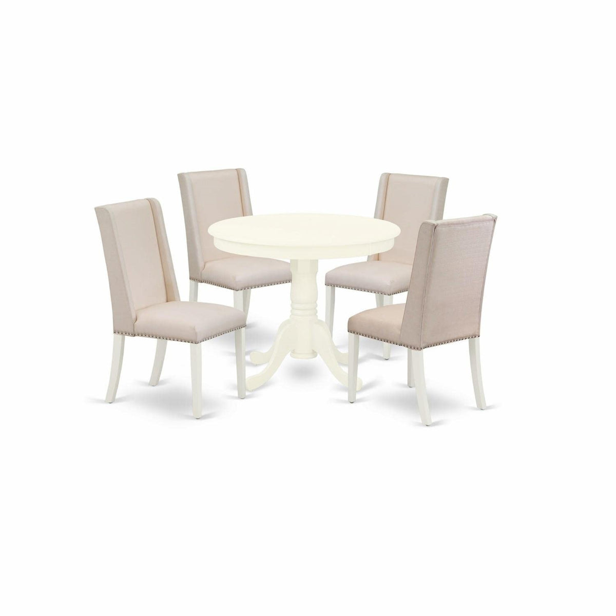 Casafoyer Anfl5-Lwh-01 Antique 5 Piece Kitchen Set Includes A Round Room Table With Pedestal And 4 Cream Linen Fabric Parson Dining Chairs, 36X36 Inch