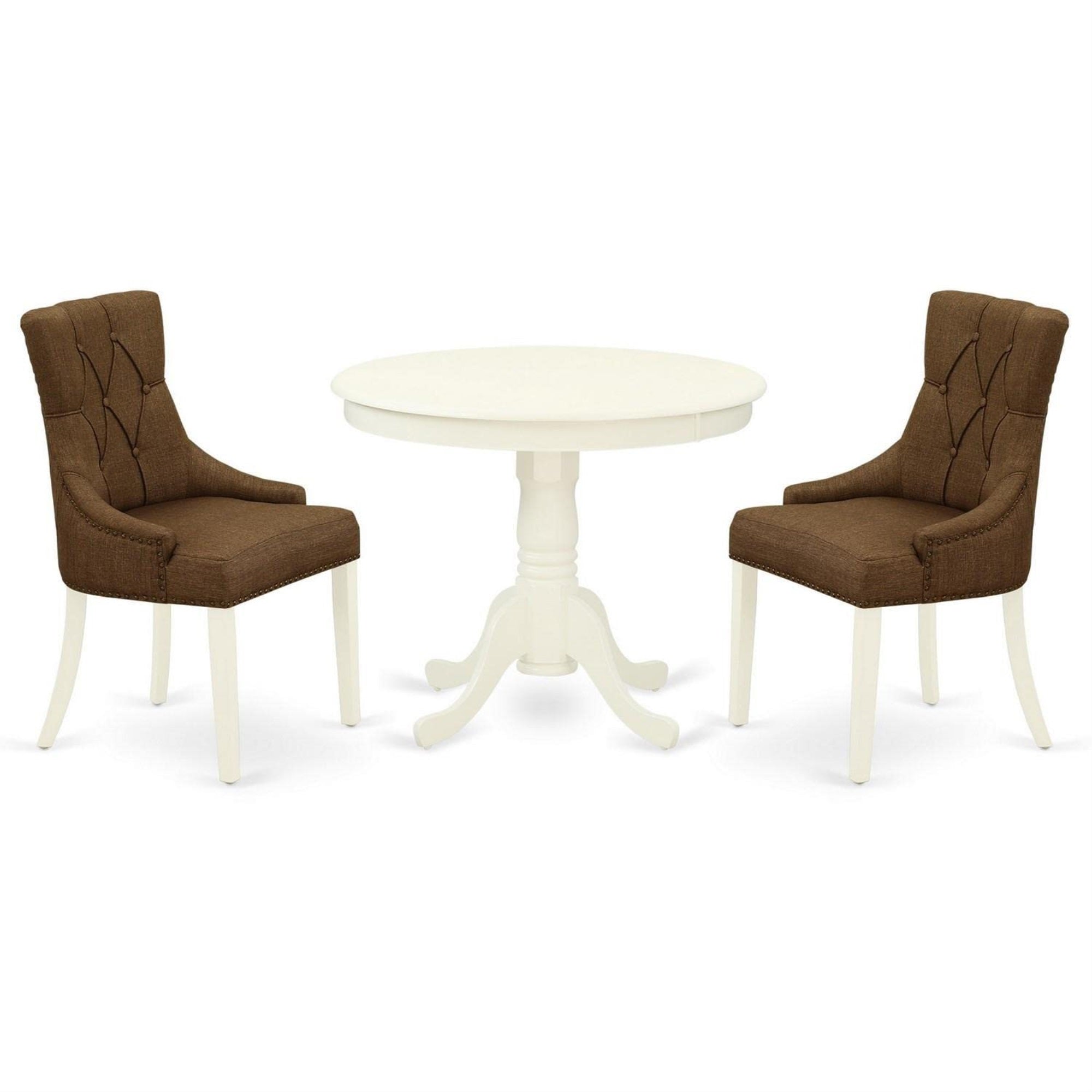 Casafoyer Anfr3-Lwh-18 Antique 3 Piece Modern Set Contains A Round Kitchen Table With Pedestal And 2 Brown Fabric Parson Dining Chairs, 36X36 Inch, Linen White