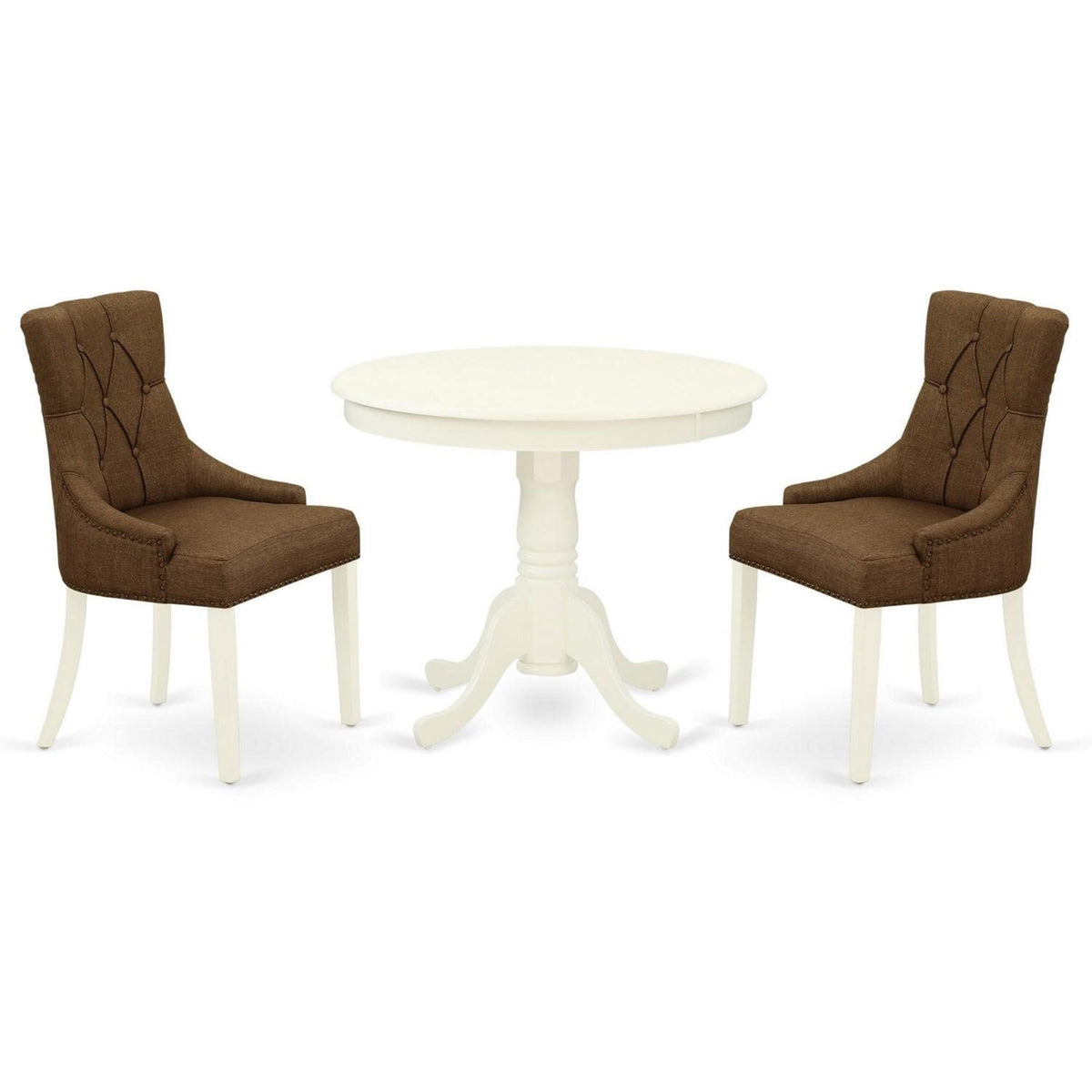 Casafoyer Anfr3-Lwh-18 Antique 3 Piece Modern Set Contains A Round Kitchen Table With Pedestal And 2 Brown Fabric Parson Dining Chairs, 36X36 Inch, Linen White