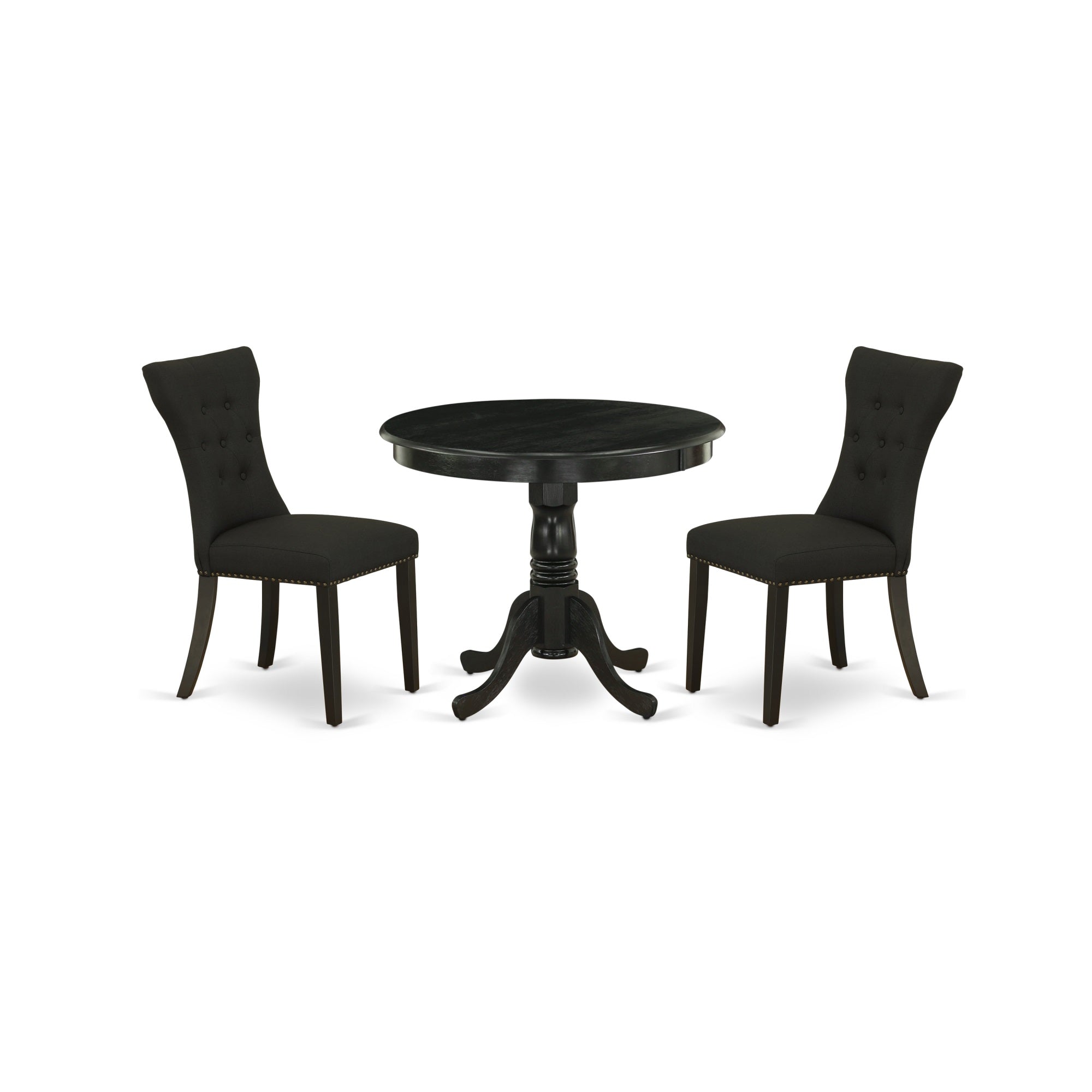 East West Furniture Anga3-Abk-24 3-Pc Dining Set Included A Round Kitchen Table & 2 Kitchen Chairs, Black Linen Fabric Padded Parson Chairs Seat With Rubber Wood Legs, Wirebrushed Black Finish