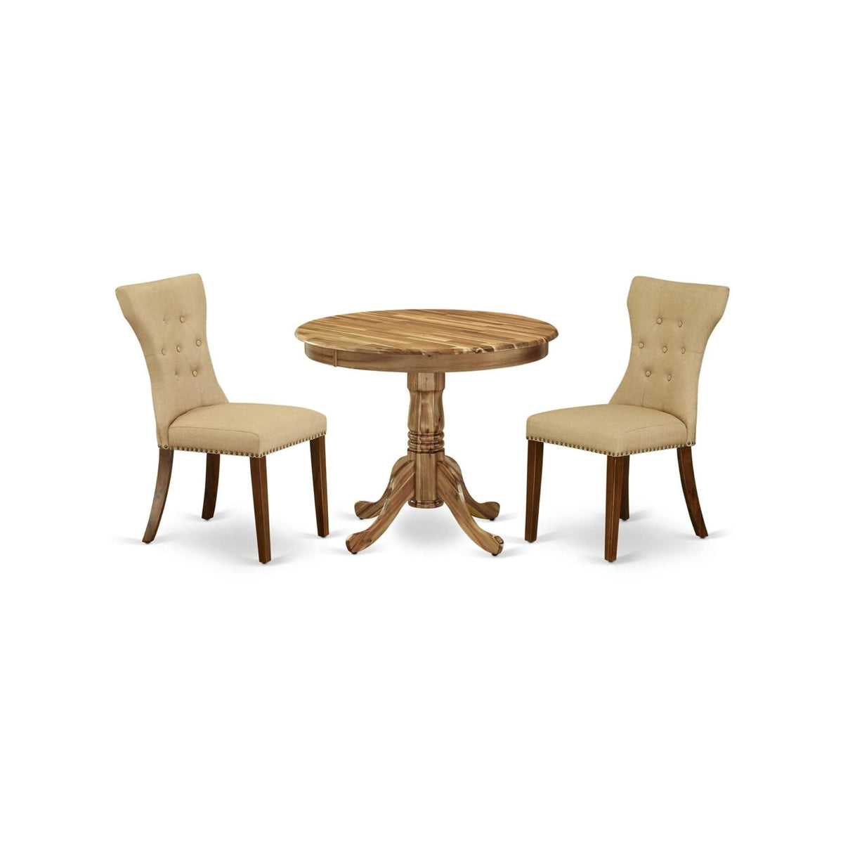 Casafoyer Anga3-Ana-03 3 Piece Dining Set For Small Spaces - Round Kitchen Table With Pedestal And 2 Brown Linen Fabric Parsons Chairs - 36X36 Inch - Natural