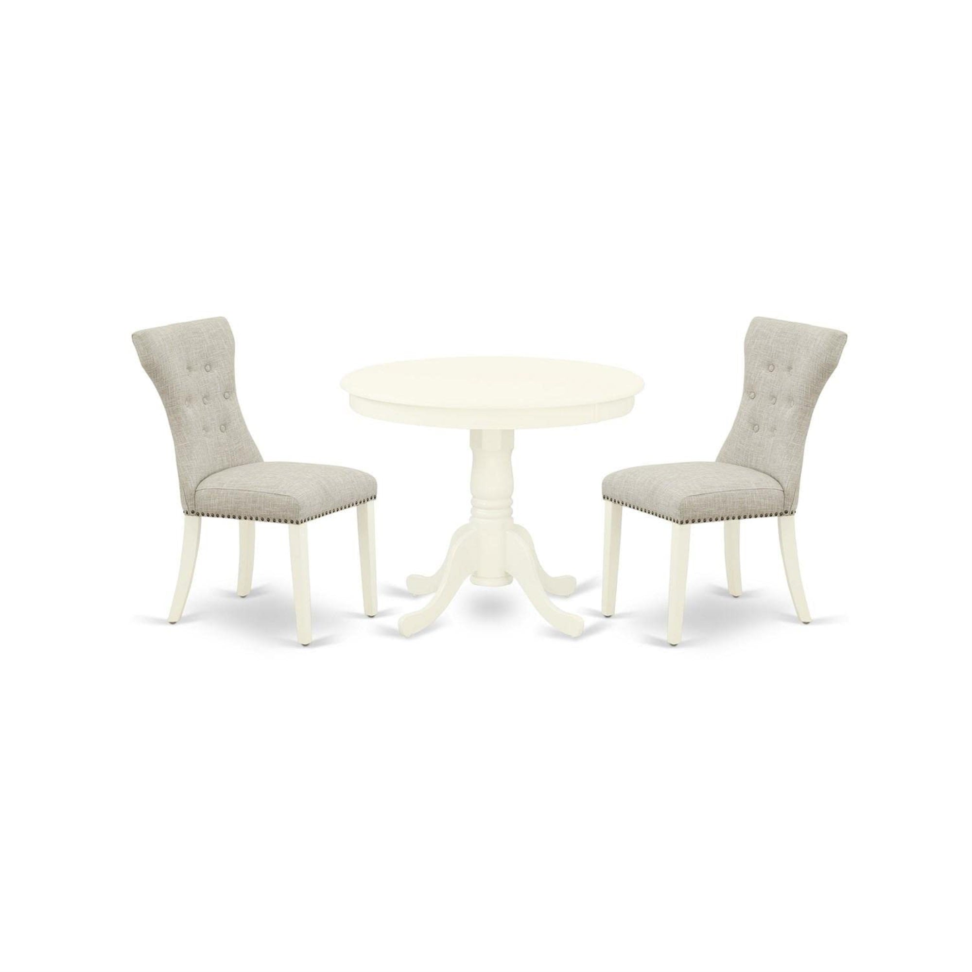 Casafoyer Anga3-Lwh-35 3 Piece Room Furniture Set Contains A Round Dining Table With Pedestal And 2 Doeskin Fabric Upholstered Chairs, Linen White