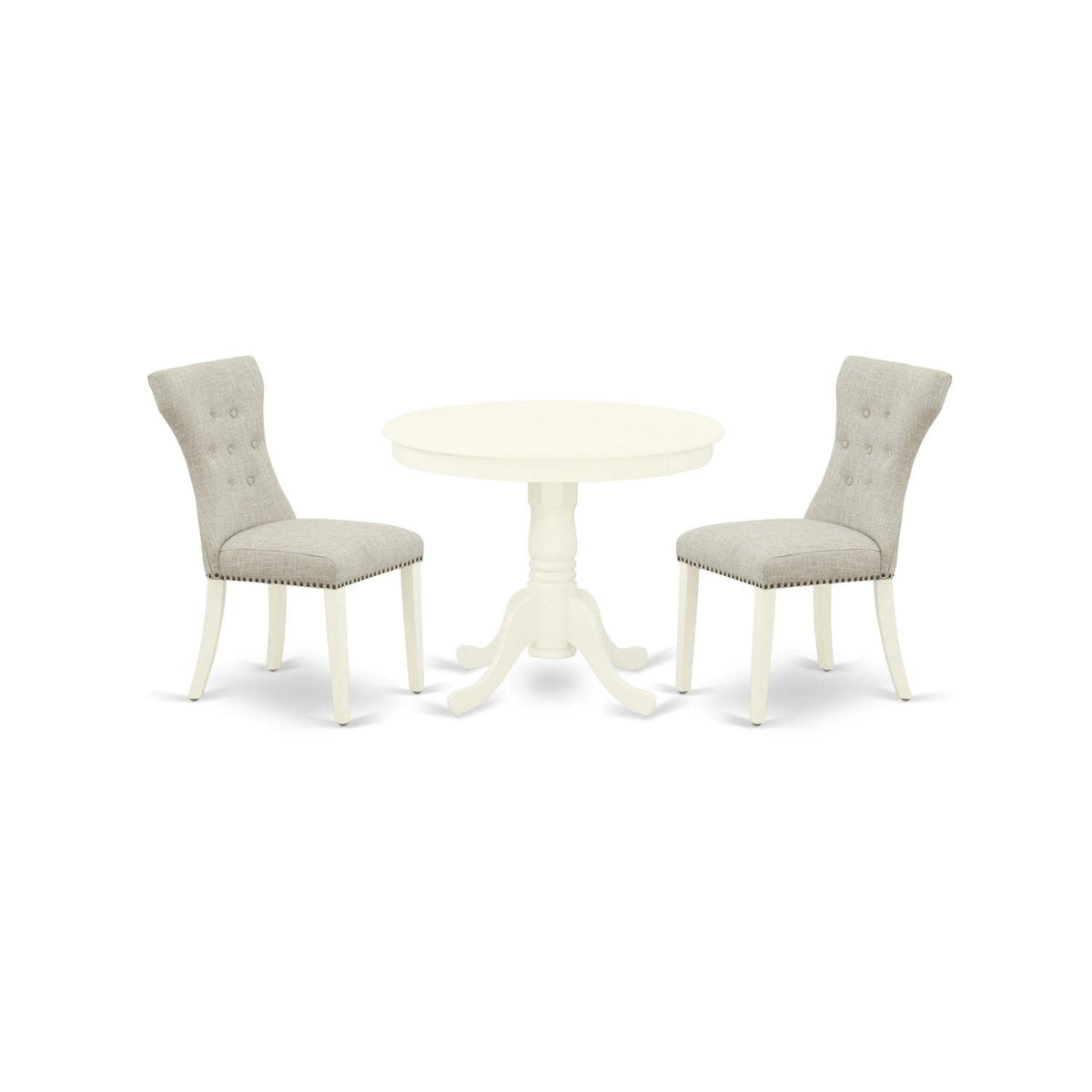 Casafoyer Anga3-Lwh-35 3 Piece Room Furniture Set Contains A Round Dining Table With Pedestal And 2 Doeskin Fabric Upholstered Chairs, Linen White