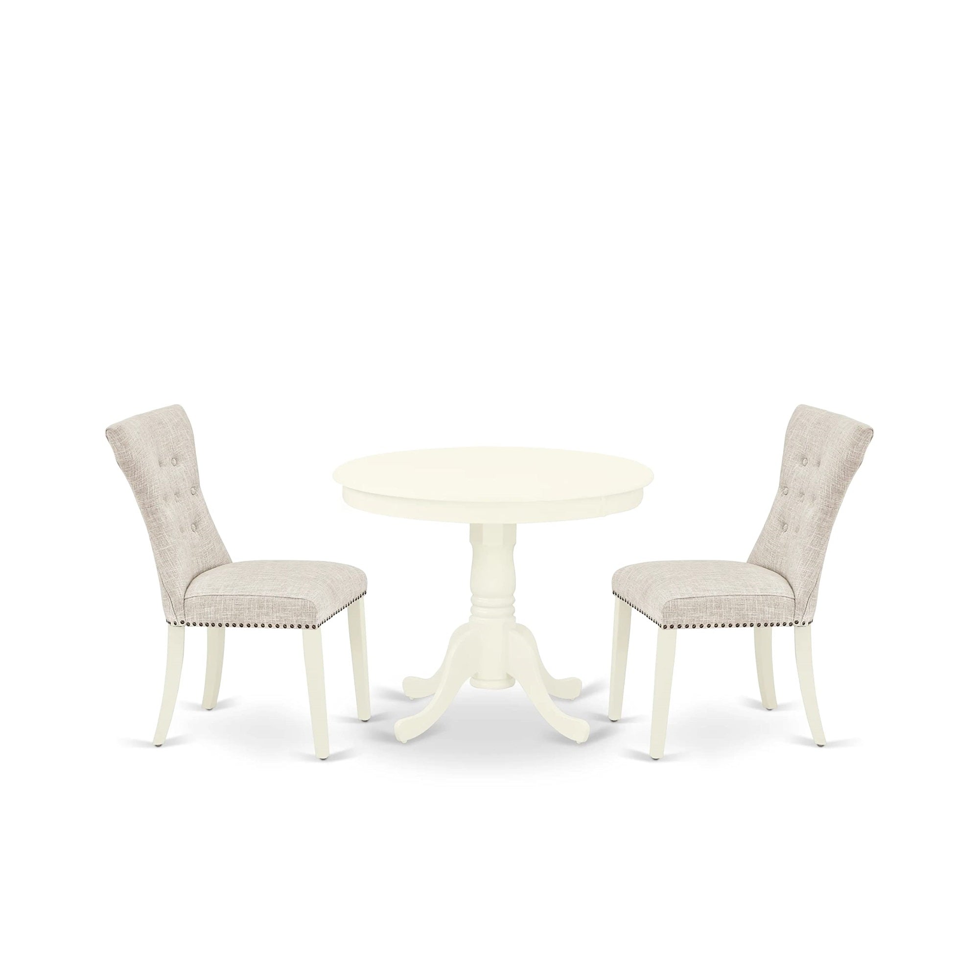 East West Furniture Anga3-Lwh-35 3 Piece Room Furniture Set Contains A Round Dining Table With Pedestal And 2 Doeskin Fabric Upholstered Chairs, 36X36 Inch, Linen White