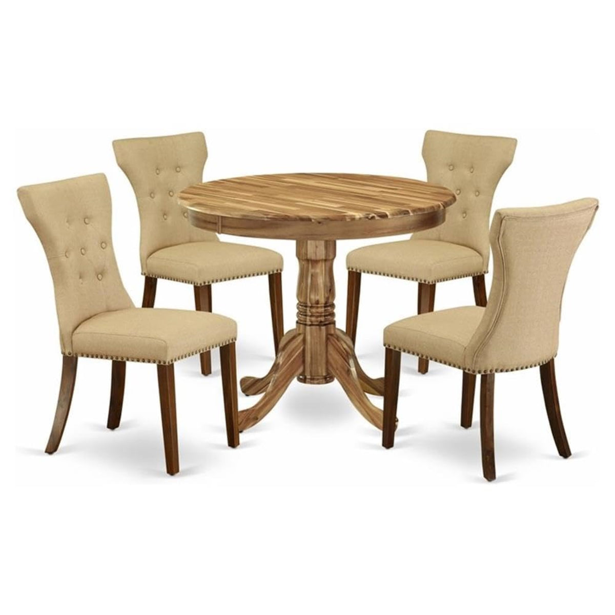 Casafoyer Anga5-Ana-03 5 Piece Dining Table Set For 4 Includes A Round Kitchen Table With Pedestal And 4 Brown Linen Fabric Upholstered Parson Chairs, 36X36 Inch, Natural