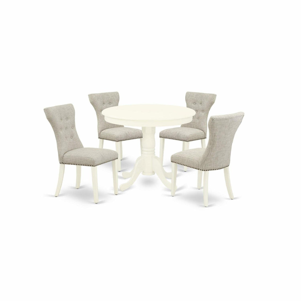 Casafoyer Anga5-Lwh-35 5 Piece Dining Table Set For 4 Includes A Round Kitchen Table With Pedestal And 4 Doeskin Linen Fabric Upholstered Parson Chairs, 36X36 Inch, Linen White