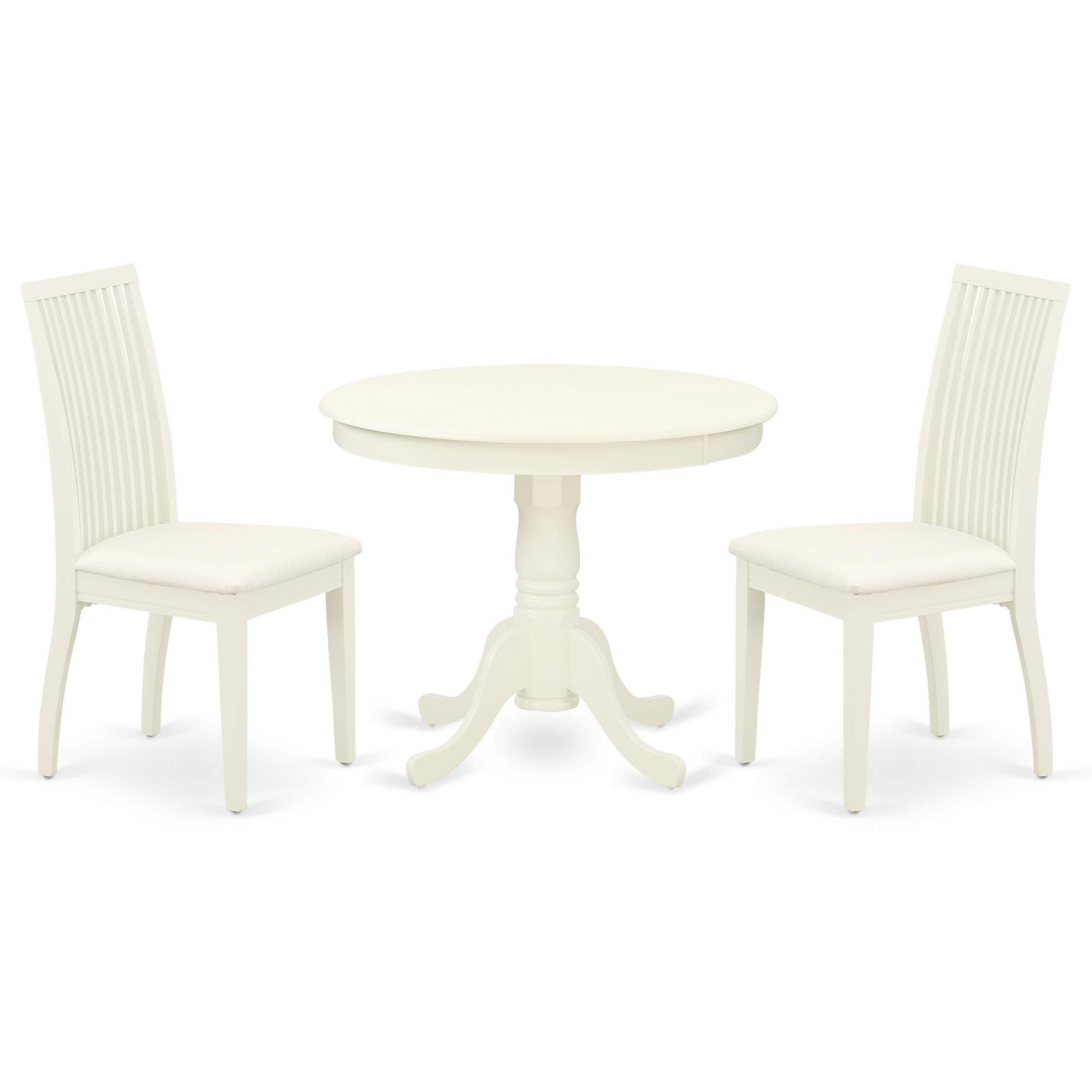 Casafoyer Anip3-Lwh-C 3 Piece Kitchen Table Set For Small Spaces Contains A Round Dining Table With Pedestal And 2 Linen Fabric Dining Room Chairs, 36X36 Inch, Linen White