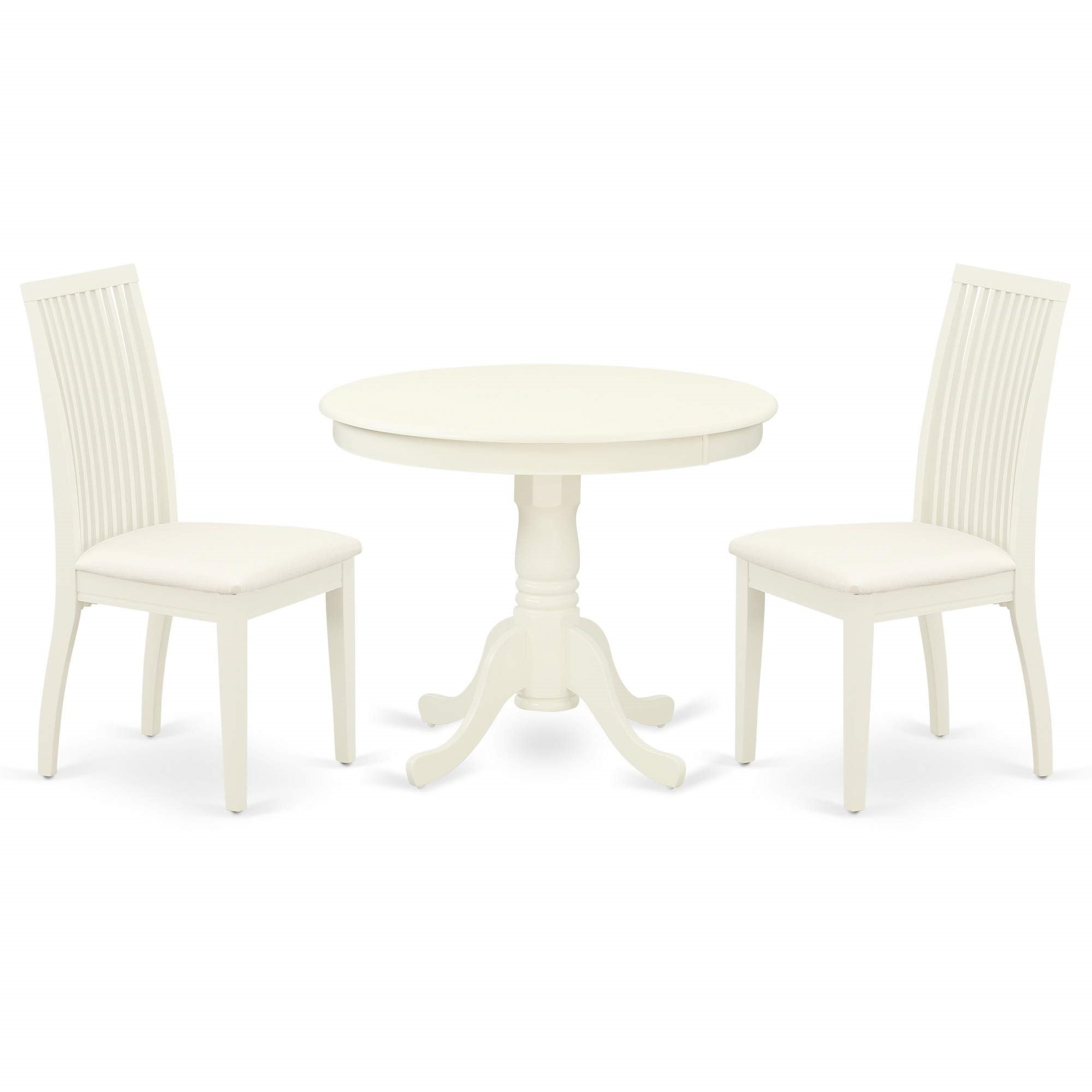 East West Furniture Anip3-Lwh-C 3 Piece Kitchen Set For Small Spaces Contains A Round Table With Pedestal And 2 Linen Fabric Dining Room Chairs, 36X36 Inch